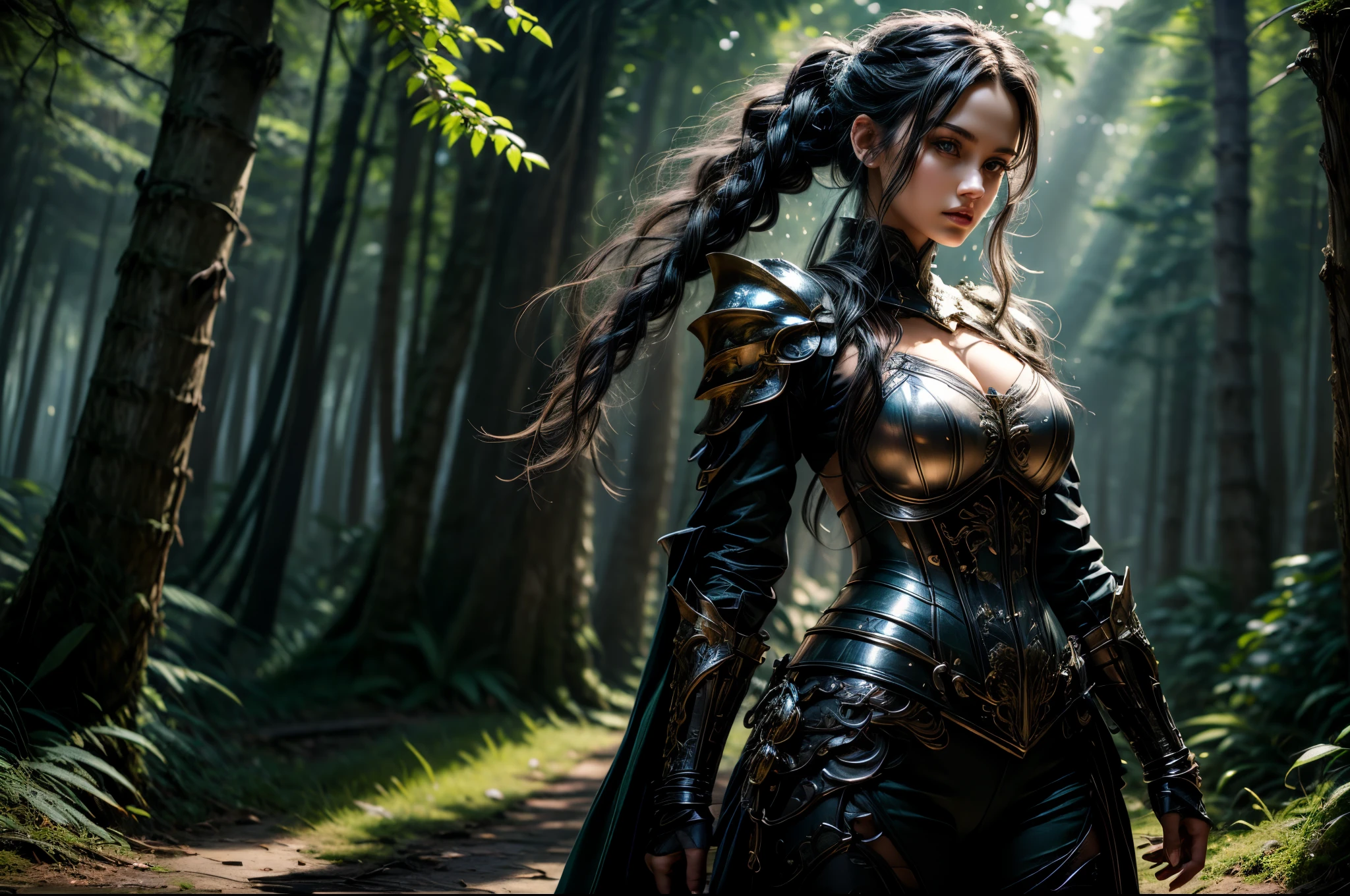 a picture of woman paladin of nature protecting the forest, a woman knight, black hair, long hair, full body (best details, Masterpiece, best quality :1.5), ultra detailed face (best details, Masterpiece, best quality :1.5), ultra feminine (best details, Masterpiece, best quality :1.5), black hair, long hair, braided hair, pale skin, (deep blue: 1.2) eyes, intense eyes, wearying heavy armor, (white: 1.3) armor (best details, Masterpiece, best quality :1.5), green cloak, armed with a sword, glowing sword GlowingRunes_green, fantasy forest background, D&D art, RPG art, magical atmosphere magic-fantasy-forest, ultra best realistic, best details, best quality, 16k, [ultra detailed], masterpiece, best quality, (extremely detailed), ultra wide shot, photorealism, depth of field, hyper realistic painting