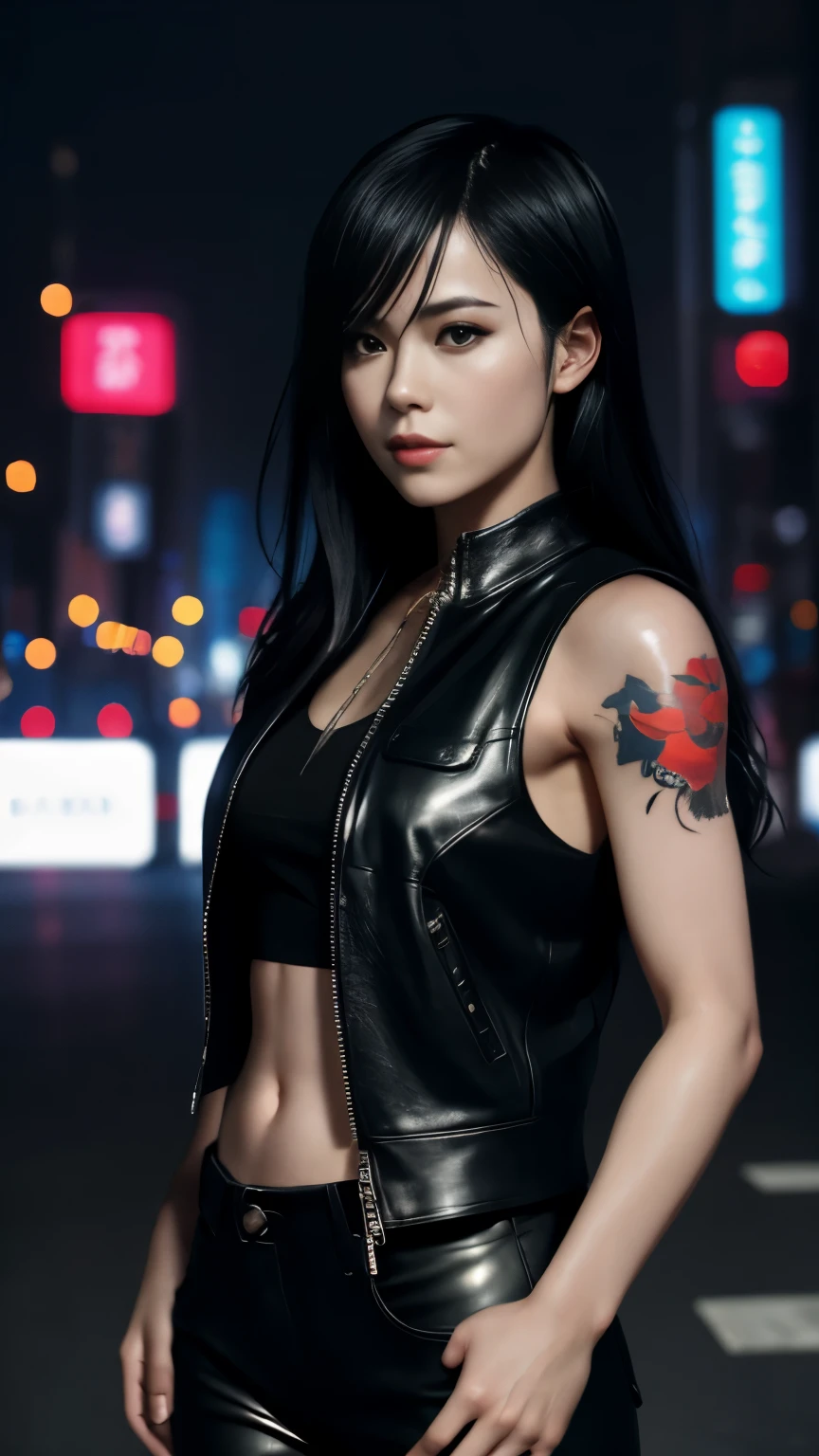 highest quality，masterpiece，Super detailed，8K, UHD，Beautiful woman，japanese woman，Expressionless，(Topless)，whole body，((tattoo))，slim，Black leather pants，black leather vest，(female mafia)，gangster，(cyberpunk city)，night，cinematic lightening，movie poster，underworld