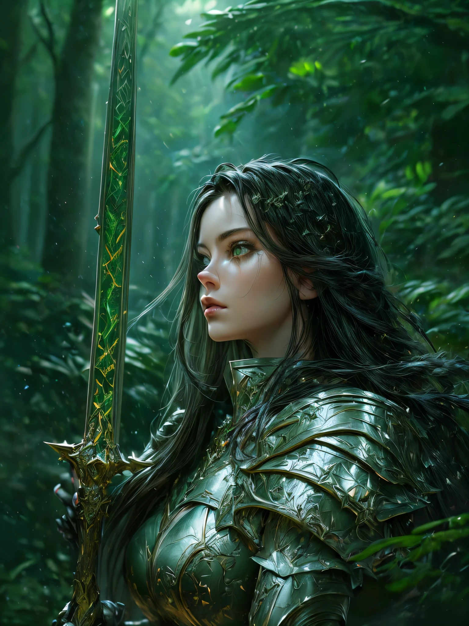 a picture of woman paladin of nature protecting the forest, a woman knight, black hair, long hair, full body (best details, Masterpiece, best quality :1.5), ultra detailed face (best details, Masterpiece, best quality :1.5), ultra feminine (best details, Masterpiece, best quality :1.5), black hair, long hair, braided hair, pale skin, (deep blue: 1.2) eyes, intense eyes, wearying heavy armor, white armor (best details, Masterpiece, best quality :1.5), green cloak, armed with a sword, glowing sword GlowingRunes_green, fantasy forest background, D&D art, RPG art, magical atmosphere magic-fantasy-forest, ultra best realistic, best details, best quality, 16k, [ultra detailed], masterpiece, best quality, (extremely detailed), ultra wide shot, photorealism, depth of field, hyper realistic painting