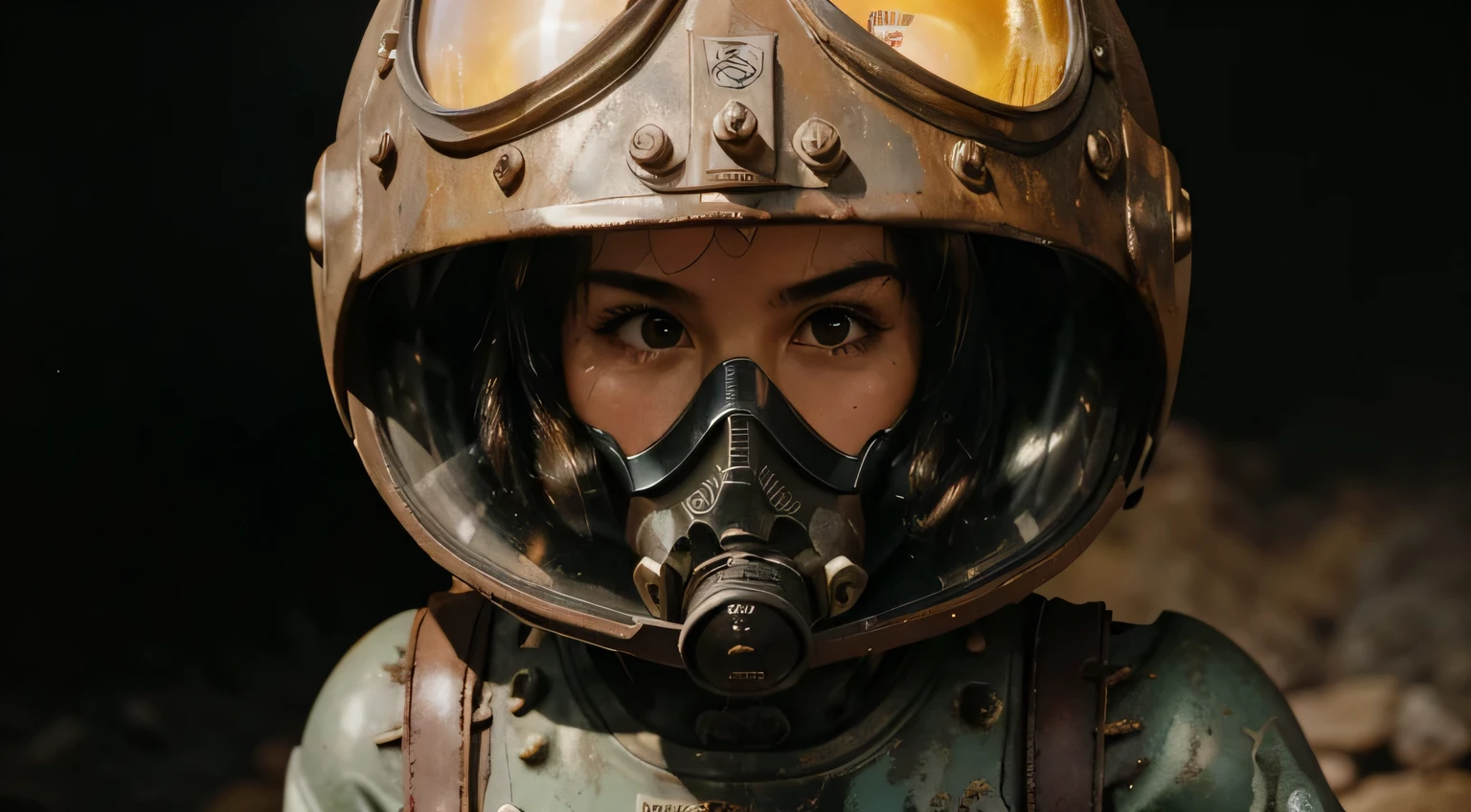 Robot girl with vintage helmet and gas mask, el estilo Rocketeer, Pinzas en las manos, Cabeza de TV, cabeza de alfiler, Negro y Amarillo Rosa Cian Oxidado, Atmosphere in the crater of a super-detailed meteorite, centro, hermoso, Soft lighting, Centrado en el personaje, 4k resolution, photorealistic representation.