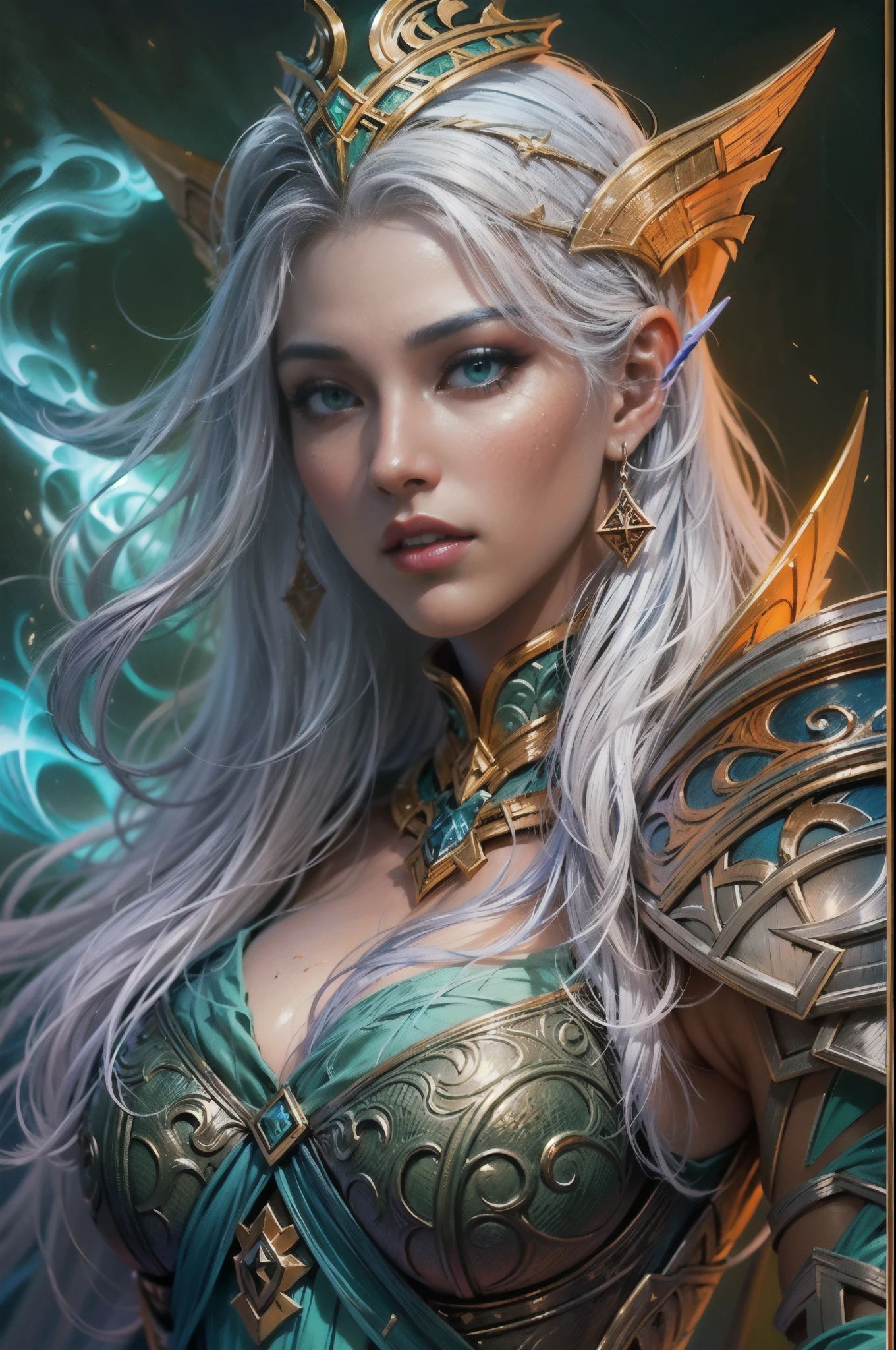 )fantasy art, dnd art, RPG art, wide shot, (masterpiece: 1.4) a (portrait: 1.3) intense details, highly detailed, photorealistic, best quality, highres, portrait a vedalken female (fantasy art, Masterpiece, best quality: 1.3) ((blue skin: 1.5)), intense details facial details, exquisite beauty, (fantasy art, Masterpiece, best quality) cleric, (blue colored skin: 1.5) 1person blue_skin, blue skinned female, (white hair: 1.3), long hair, intense (green: 1.3) eye, fantasy art, Masterpiece, best quality) armed a fiery sword red fire, wearing heavy (white: 1.3) half plate mail armor, wearing high heeled laced boots, wearing an(orange :1.3) cloak, wearing glowing holy symbol GlowingRunes_yellow, within fantasy temple background, reflection light, high details, best quality, 16k, [ultra detailed], masterpiece, best quality, (extremely detailed), close up, ultra wide shot, photorealistic, RAW, fantasy art, dnd art, fantasy art, realistic art,((best quality)), ((masterpiece)), (detailed), perfect face
