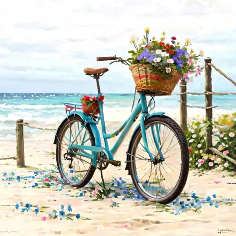 uma bicicleta com uma cesta de flores na frente e praia ao fundo