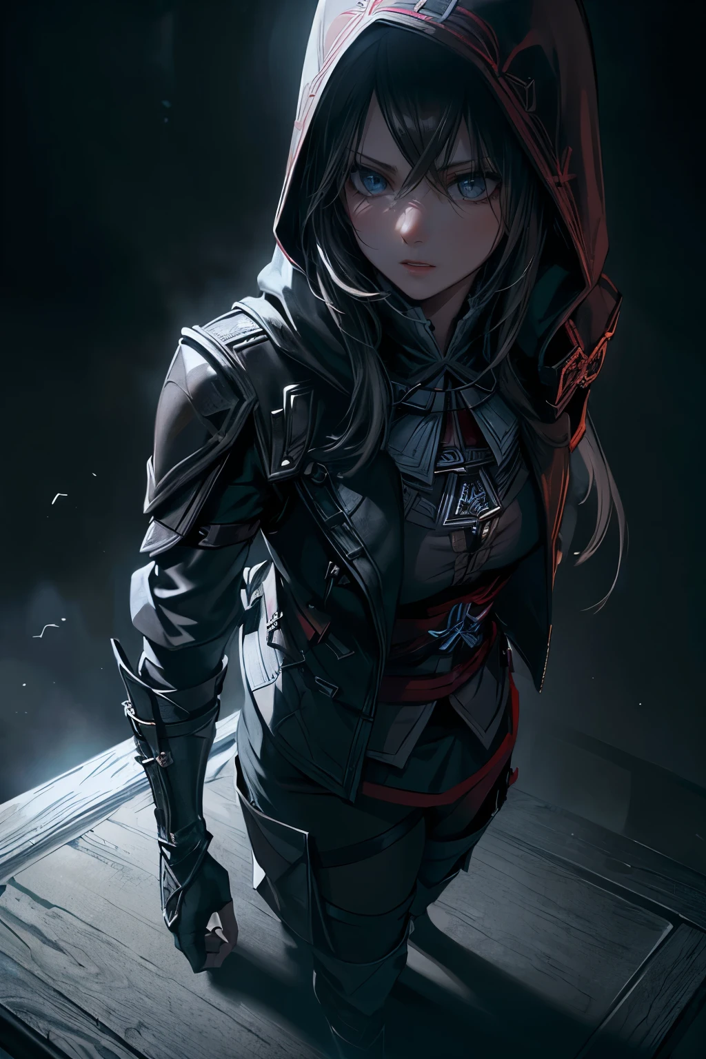 (best quality,highres,ultra-detailed,realistic:1.37),assassin's creed woman,detailed face,detailed eyes,beautiful detailed lips,dark clothes,full body,dark ambiance,background full of guardian,moody lighting,subtle color palette
