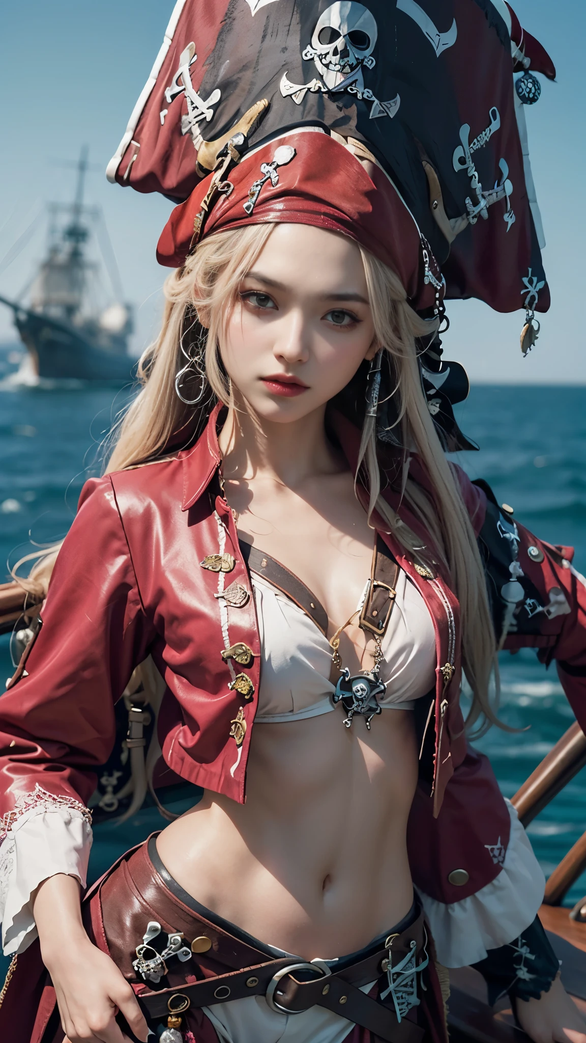 8K, Ultra HD, Meisterwerk, 1 Mädchen, gutes Gesicht, Detaillierte Augen, Sehr langes Haar, detaillierte Lippen, kleine Brüste, (Fantasie:1.2), (Extrem detailliert:1.5), (Piratenkostüm:1.5), ((rosa Outfit)), Titanic-Schiff, Meer, gun in hand, (perfekter Körper),