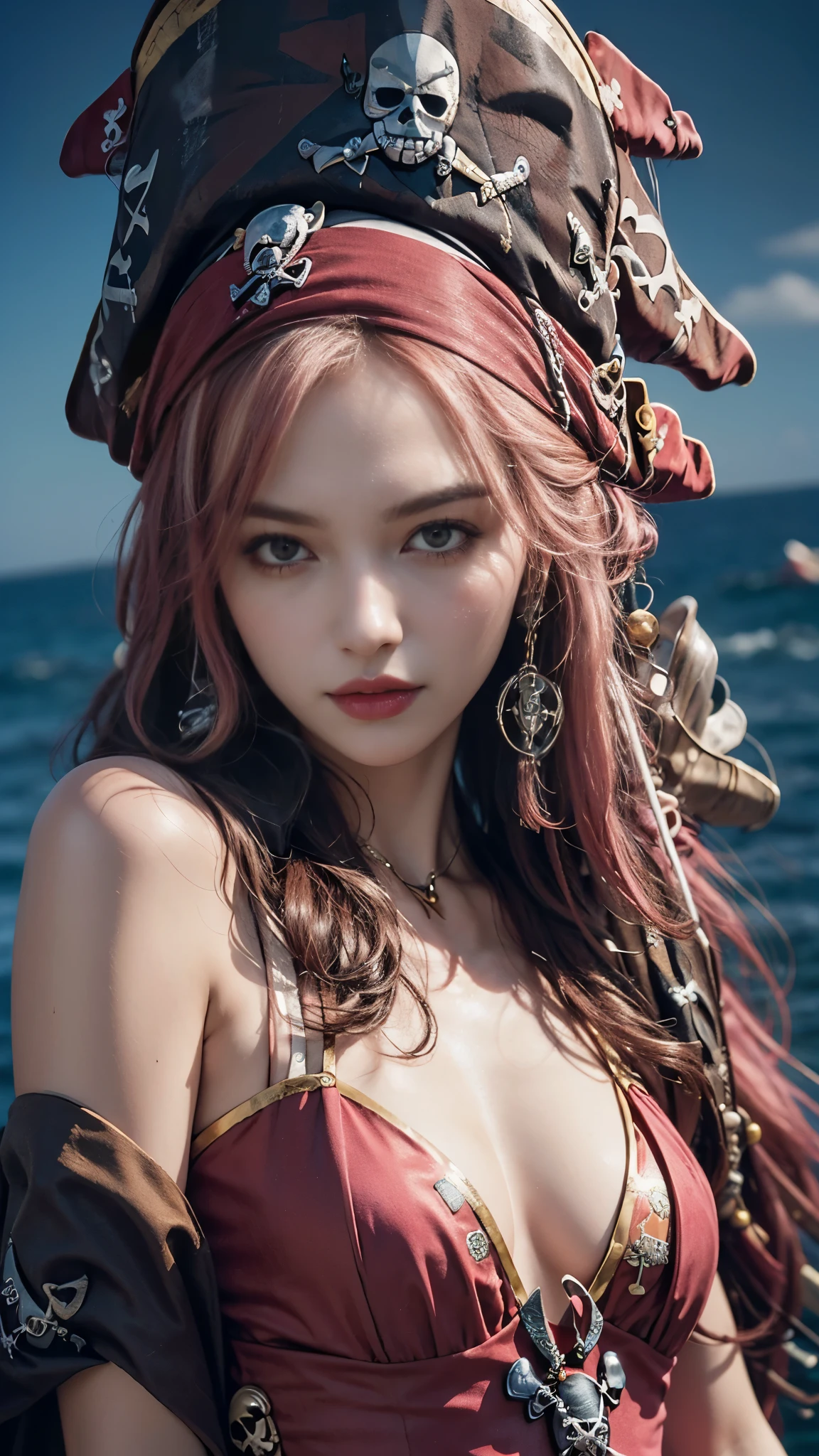 8K, ultra hd, masterpiece, 1 girl, good face, detailed eyes, very long hair, detailed lips, small breasts, (fantasy:1.2), (ultra detailed:1.5), (pirate dress:1.5), ((pink dress)), titanic ship, sea, gun in hand, (perfect body),