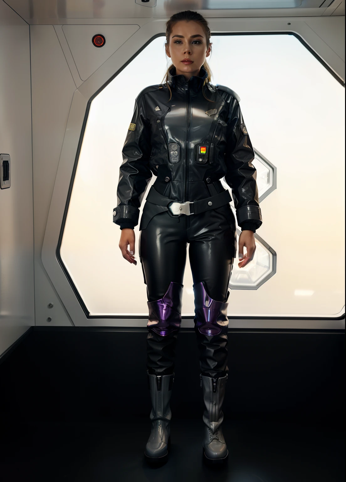 woman in a futuristic outfit, woman with a jacket and boots in a futuristic outfit, starship captain in front of a hatch, photo realistic, masterpiece, hyper realistic