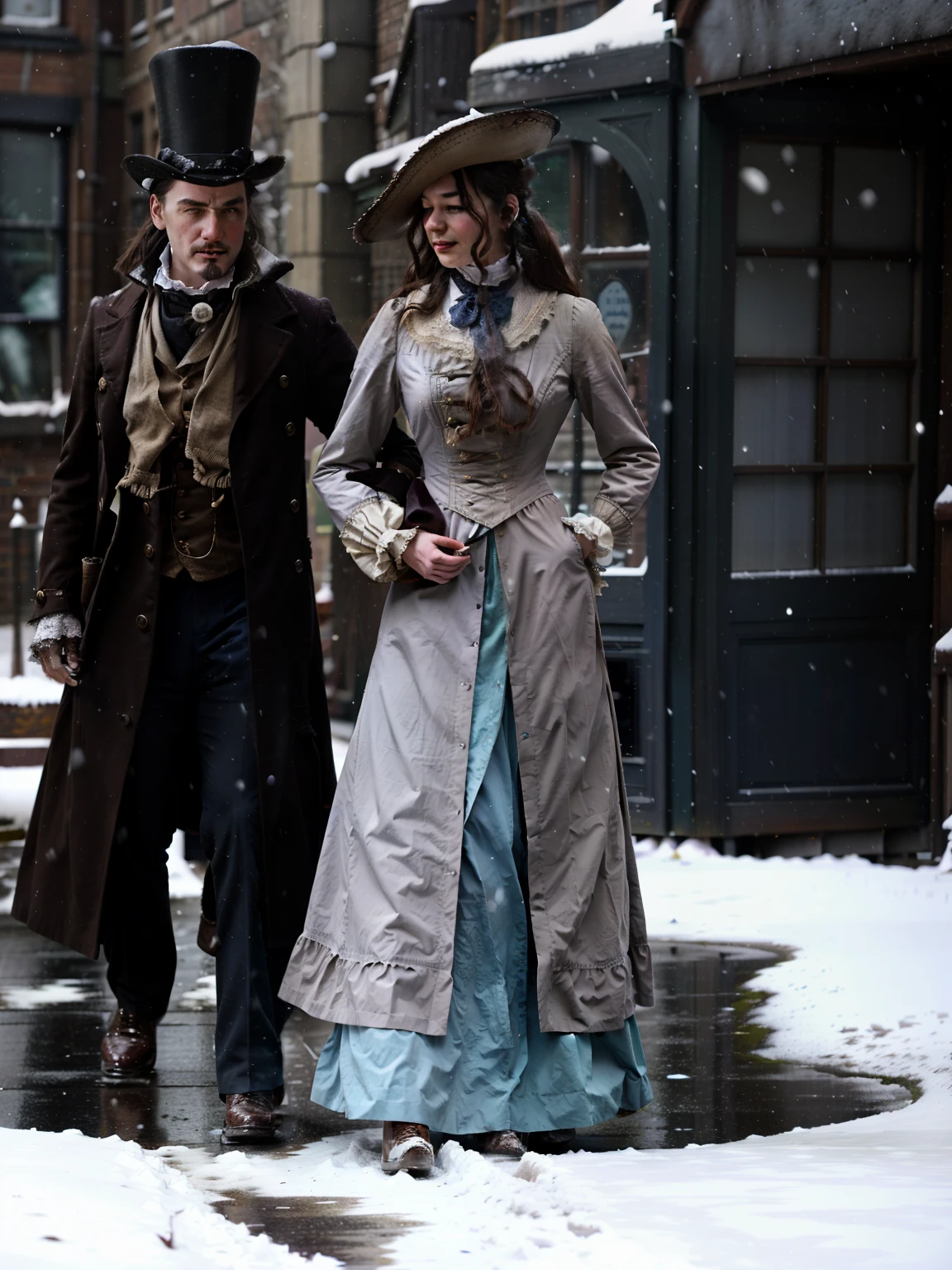 there are two people dressed in victorian clothing walking in the snow, both wearing victorian clothes, inspired victorian sci - fi, dressed like a cleric, wearing 1890s era clothes, wearing a noblewoman's outfit, wearing victorian clothes, in a steampunk distopian city, in historic clothing, in victorian aristocrat, very detailed and rich clothing