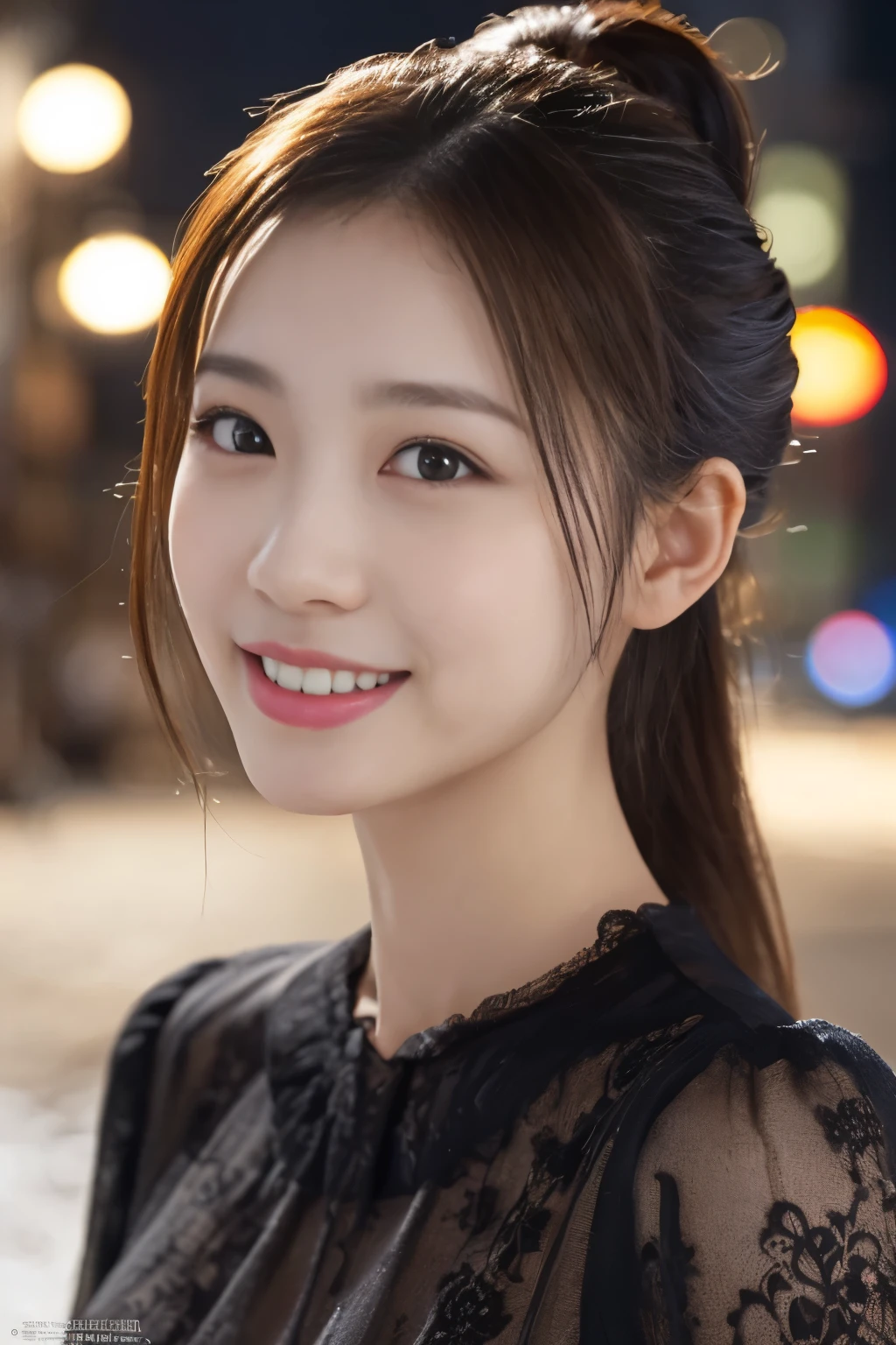1 girl, (Wearing a black blouse:1.2), Beautiful Japan actress, (ponytail:1.3),
(RAW photo, highest quality), (realistic, Photoreal:1.4), masterpiece, 
very delicate and beautiful, very detailed, 2k wallpaper, wonderful, 
finely, Very detailed CG Unity 8k 壁紙, Super detailed, High resolution, 
soft light, beautiful detailed girl, very detailed目と顔, beautifully detailed nose, beautiful and detailed eyes, cinematic lighting, 
BREAK
(Against the backdrop of a snowy night cityscape 1.3), city lights, 
perfect anatomy, slender body, smile, Face the front completely, look at the camera