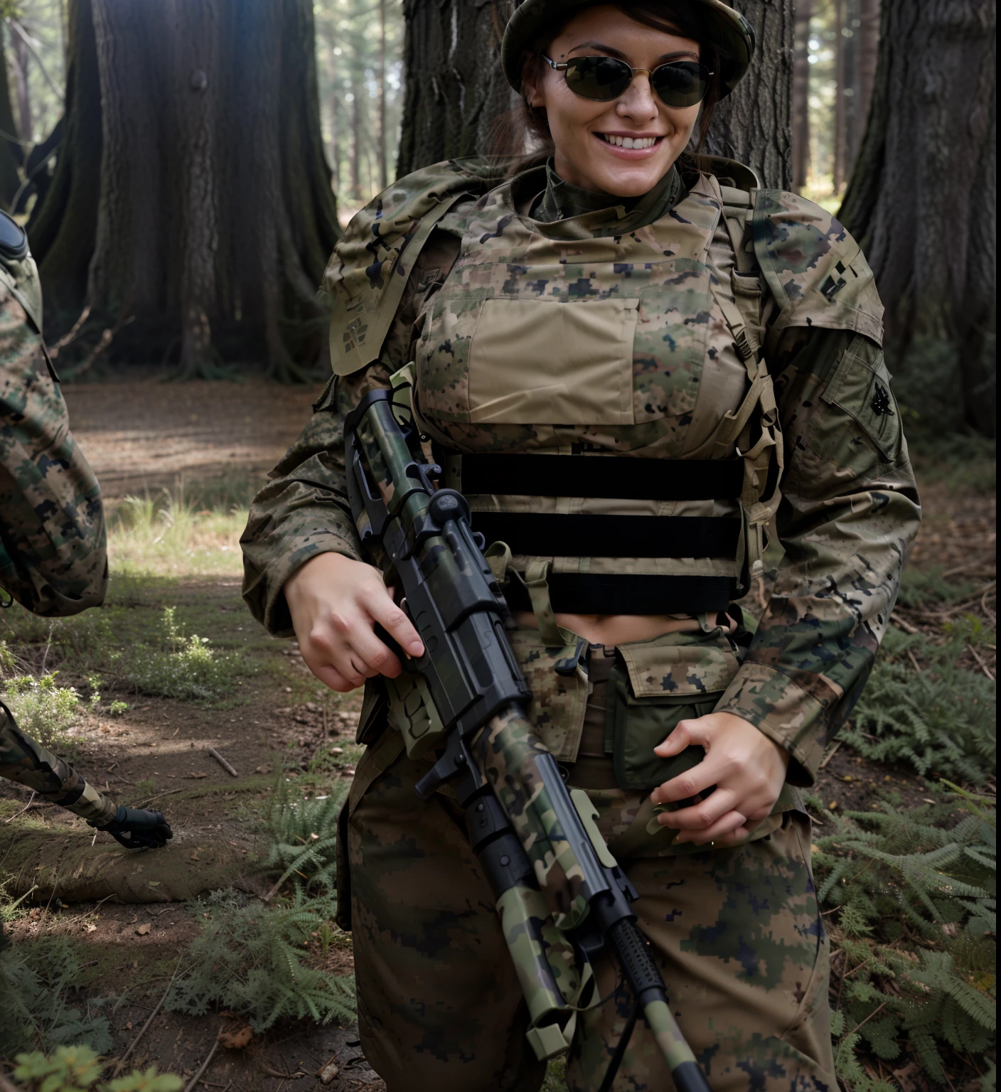 there is a woman marine in camouflage carrying a rifle, smiling woman with sunglasses, futuristic female soldier, marine, photo realistic woman in armor, body builder female in camouflage in a forest, 