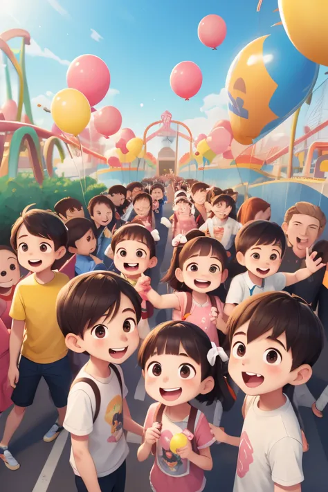 children's day, at the amusement park, children of different genders holding balloons, happy, feliz --v 6, from above