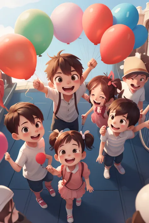 Children's Day, at the amusement park, children of different genders holding balloons, happy, feliz --v 6, from above