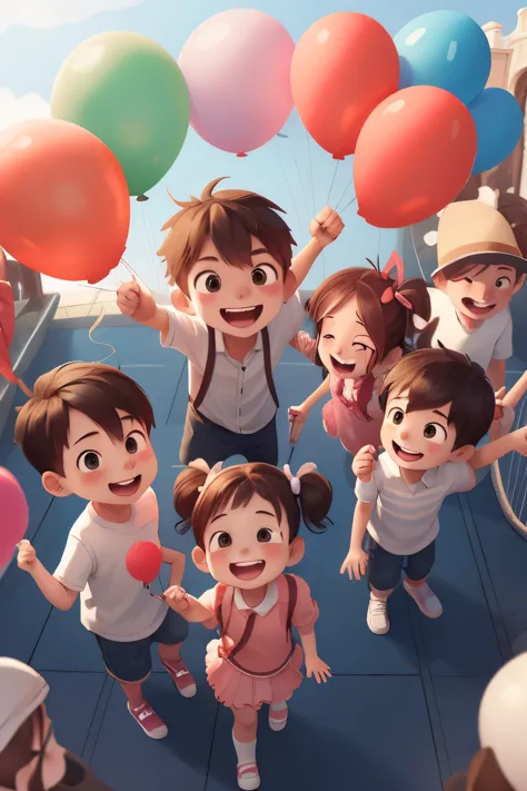 children's day, at the amusement park, children of different genders holding balloons, happy, feliz --v 6, from above