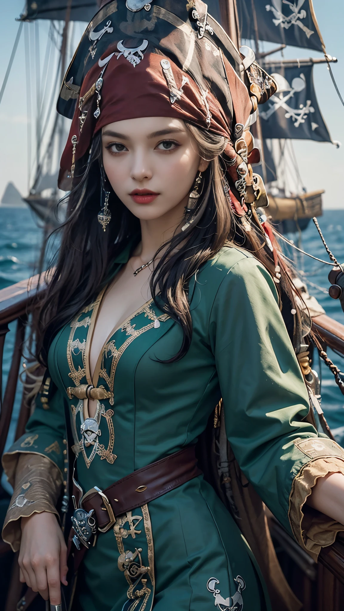 8K, ultra alta definición, obra maestra, 1 chica, buena cara, ojos detallados, cabello muy largo, labios detallados, senos pequeños, (fantasía:1.2), (ultra detallado:1.5), (vestido pirata:1.5), ((vestido verde)), barco titánico, mar, arma en mano, (cuerpo perfecto),