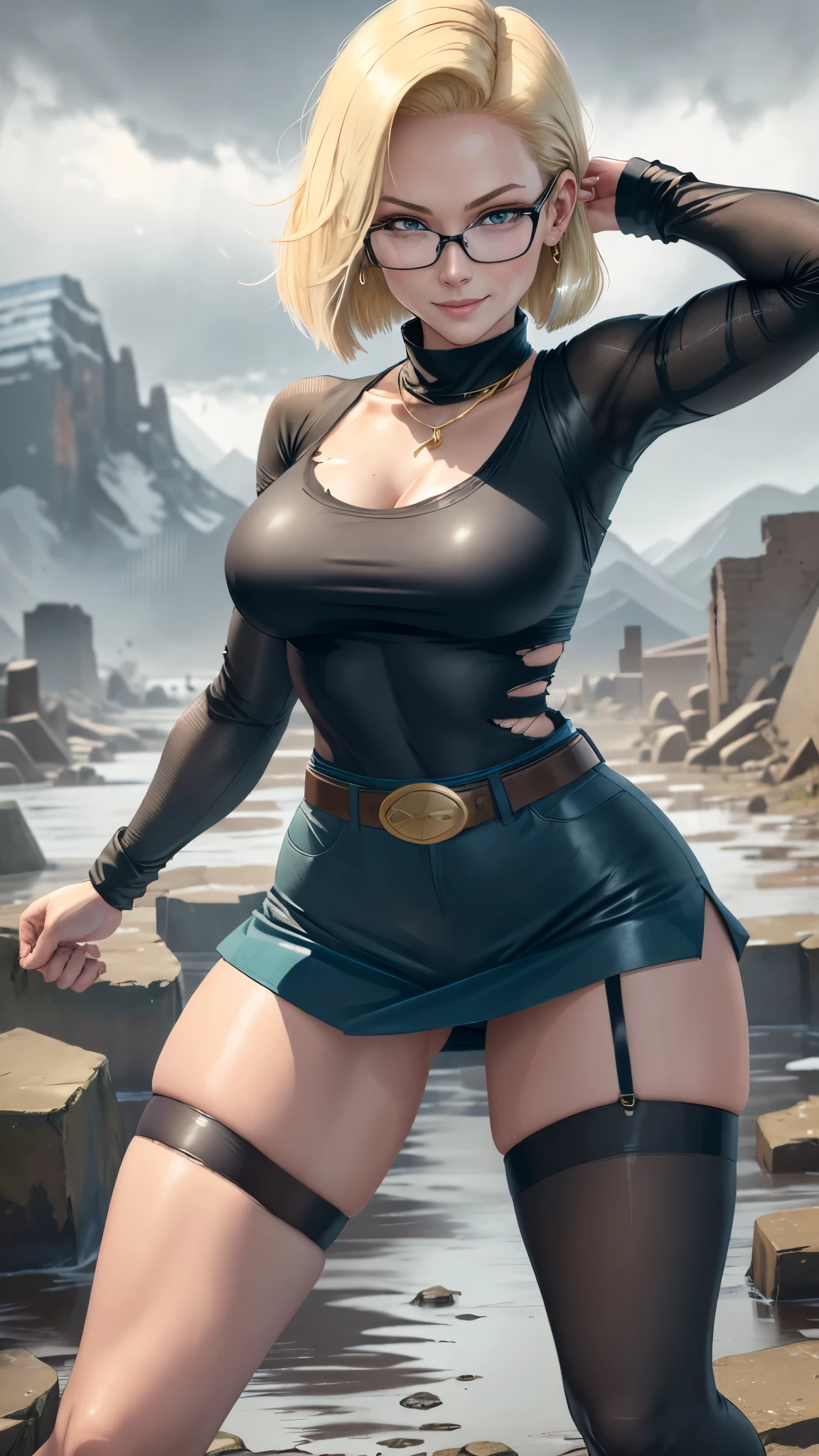 best quality, highres, and18, 1girl, android 18, solo girl, 1girl, blonde hair, blue eyes, belt, high heels, tight black lycra skirt, gold necklace, white blouse, short hair, dark blue sweater, earrings, reading glasses, medium breasts, cowboy shot, mountains, straight-on, (weather: raining and windy), wet body, sexy smile, combat stance, thigh high stockings, garter belt, battle ruins, wide hips, thick legs, torn clothes, closed fists, hair pin,