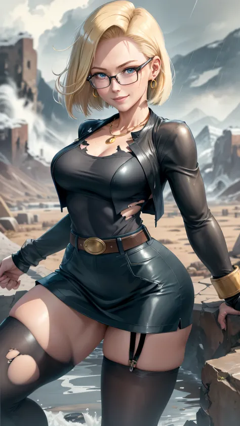 best quality, highres, and18, 1girl, android 18, solo girl, 1girl, blonde hair, blue eyes, belt, high heels, black long bodycon ...