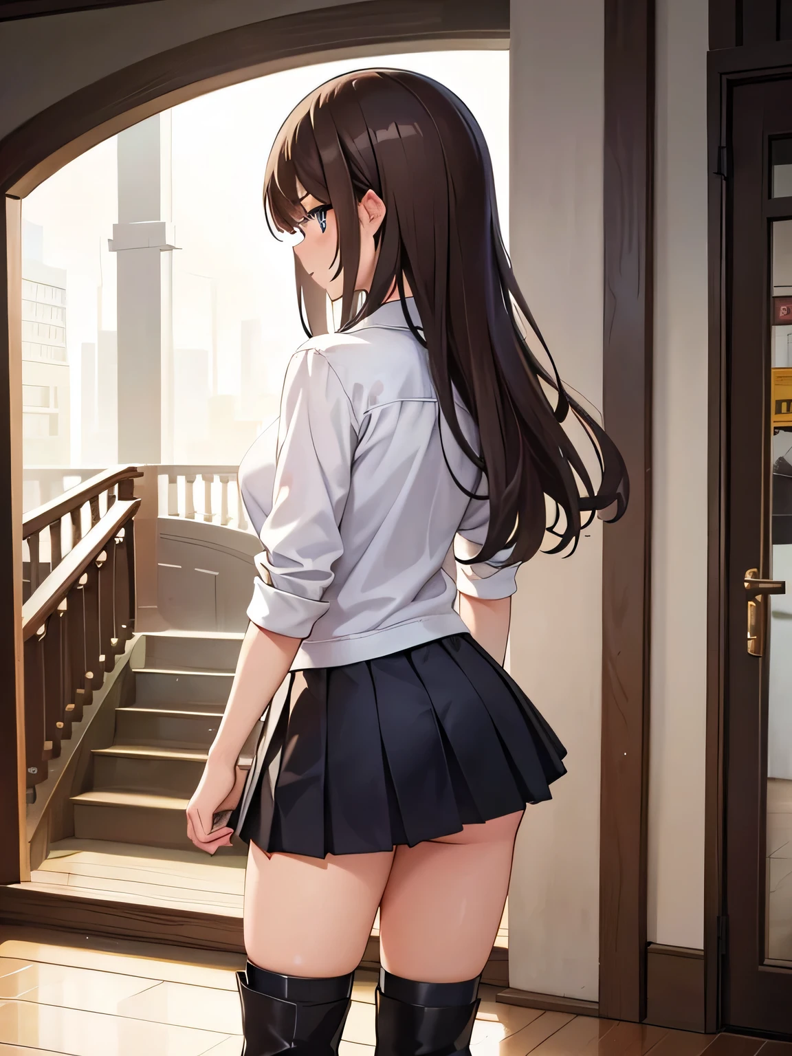 Anime girl in short skirt and knee high boots standing in front of a  staircase - SeaArt AI