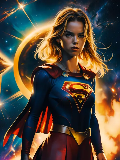 Cinema poster. (((A comic style, cartoon art))). Supergirl Posing for photo (((in epic heroic pose))) , wearing his iconic red a...