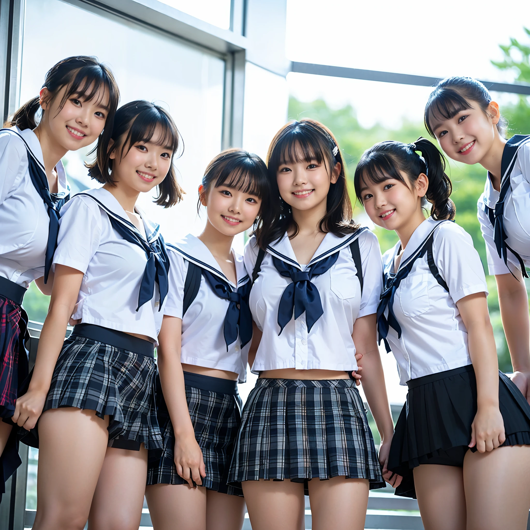 （8K、Raw photography、highest quality、masterpiece：1.2),(black hair:1.5),(Mr...々cute hairstyle、bob cut、very short hair、ponytail、twin tails:1.4),(6 high school girls、all the girls are very beautiful、wearing 、:1.6)、(V-neck sweater、tie、plaid skirt: 1.2)、(Clothing that emphasizes the shape of your chest、big breasts:1.6)、(Group attendance at school:1.4)、ultra high resolution,(Girls&#39; school changing room:1.4)、(japanese woman: 1.2),（Photoreal：1.37）、photon mapping,reality、(They all look like idols and are cute: 1.7)、(cute smile: 1.7)、(round face: 1.8)、(baby face: 1.2)、radio city、Physically based rendering、depth of field rally background、photograph, (Wearing a skirt that is too short: 2.0)、(super mini skirt、Her skirt is short、White panties are visible..:1.4),(all wearing very short skirts、angle from below、Thighs look beautiful: 1.5)、whole body、super fine