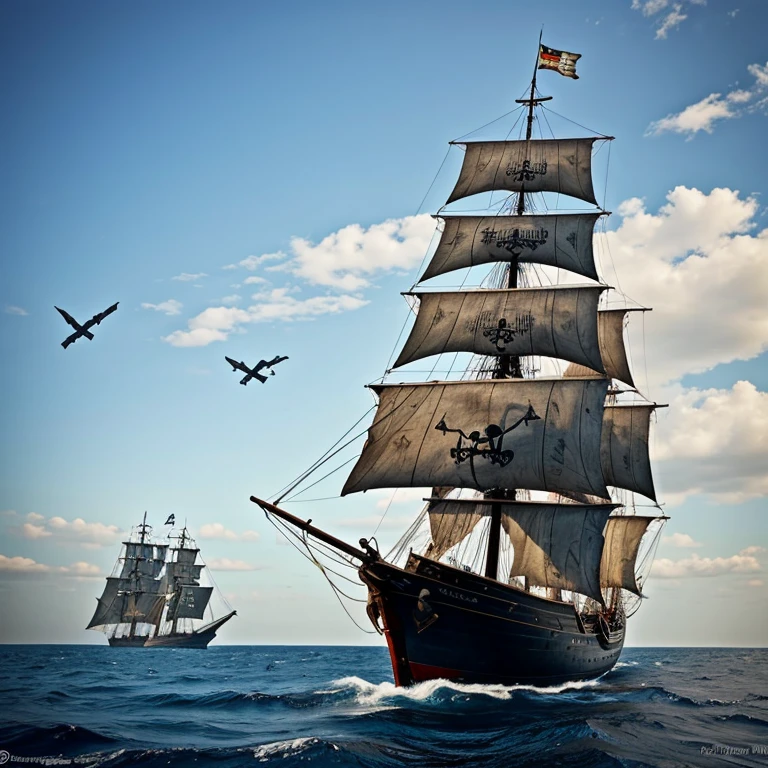 
Realistic pirate frigate sailing. Tattered sails billowing. Weathered hull. Jolly Roger flying. By maritime artist.