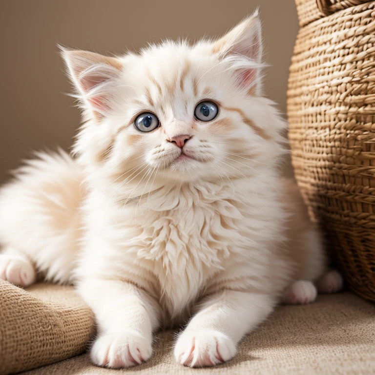 Adorable fluffy kitten. Playful demeanor. Big bright eyes. Soft fur. By pet portraitist.