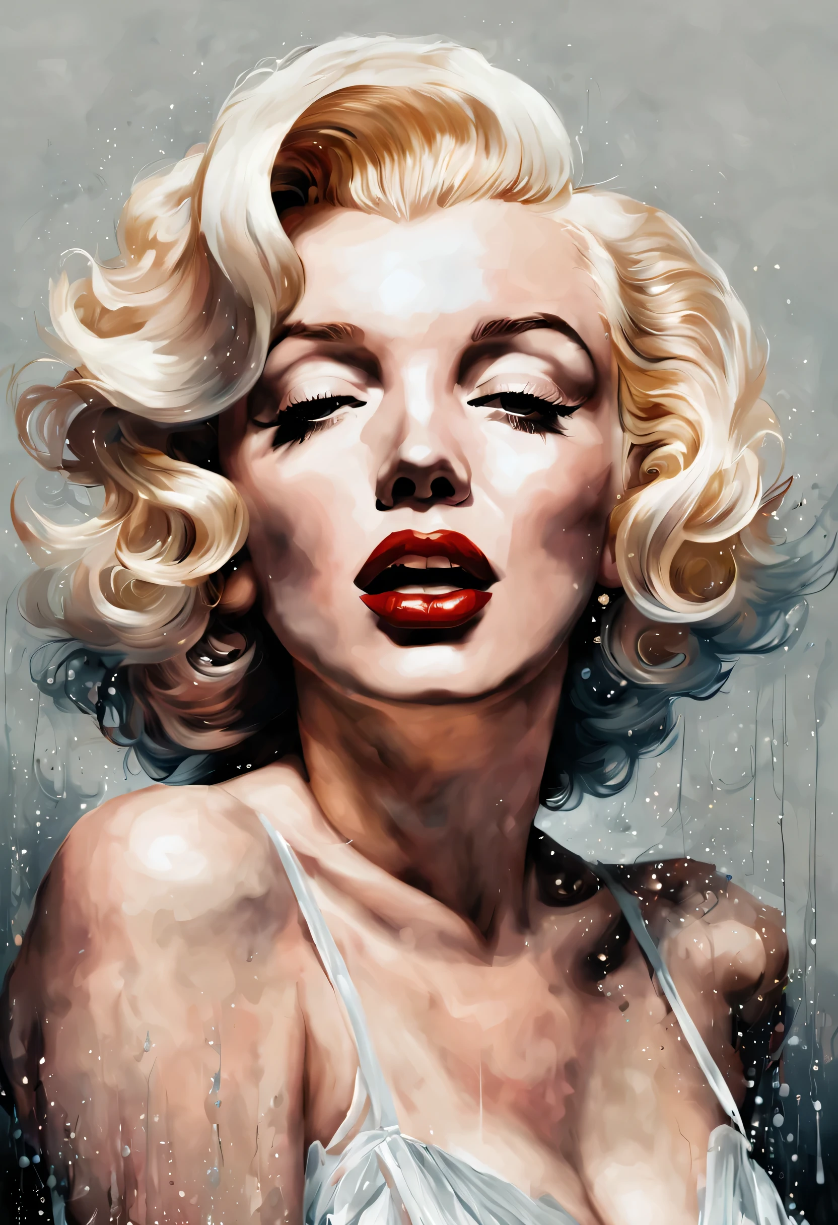 Marilyn Monroe.Chiaroscuro technique in the illustration of elegant antique works. , Wet hair, Vintage, nasty, matte painting, Author: Hannah Dale, Harumi Hironaka, Very soft colours, bright, very detailed, Digital illustrations , high contrast, Dramatic, exquisite, tonal, facial expression