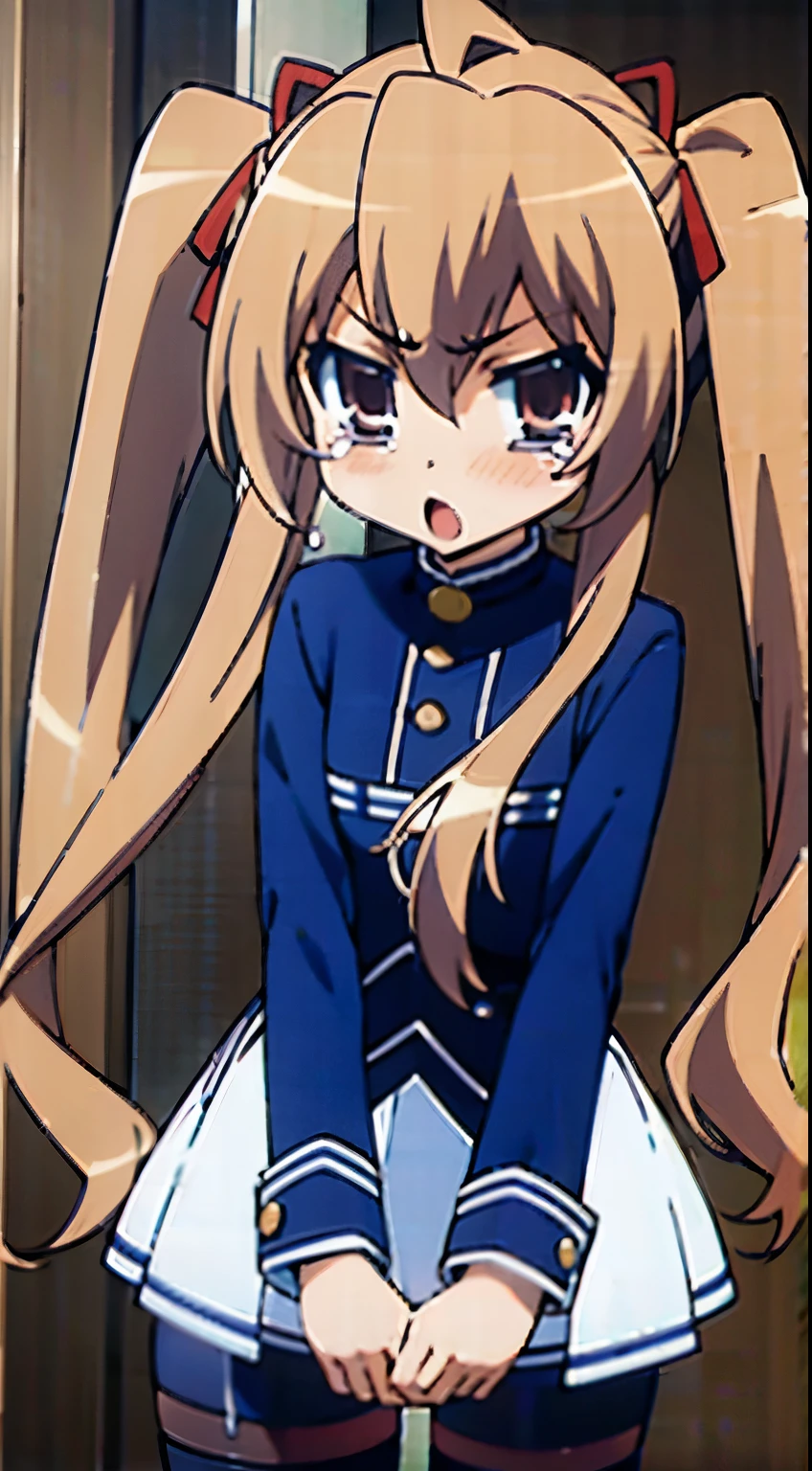 Anime girl with long hair and a blue uniform standing in front of a door -  SeaArt AI