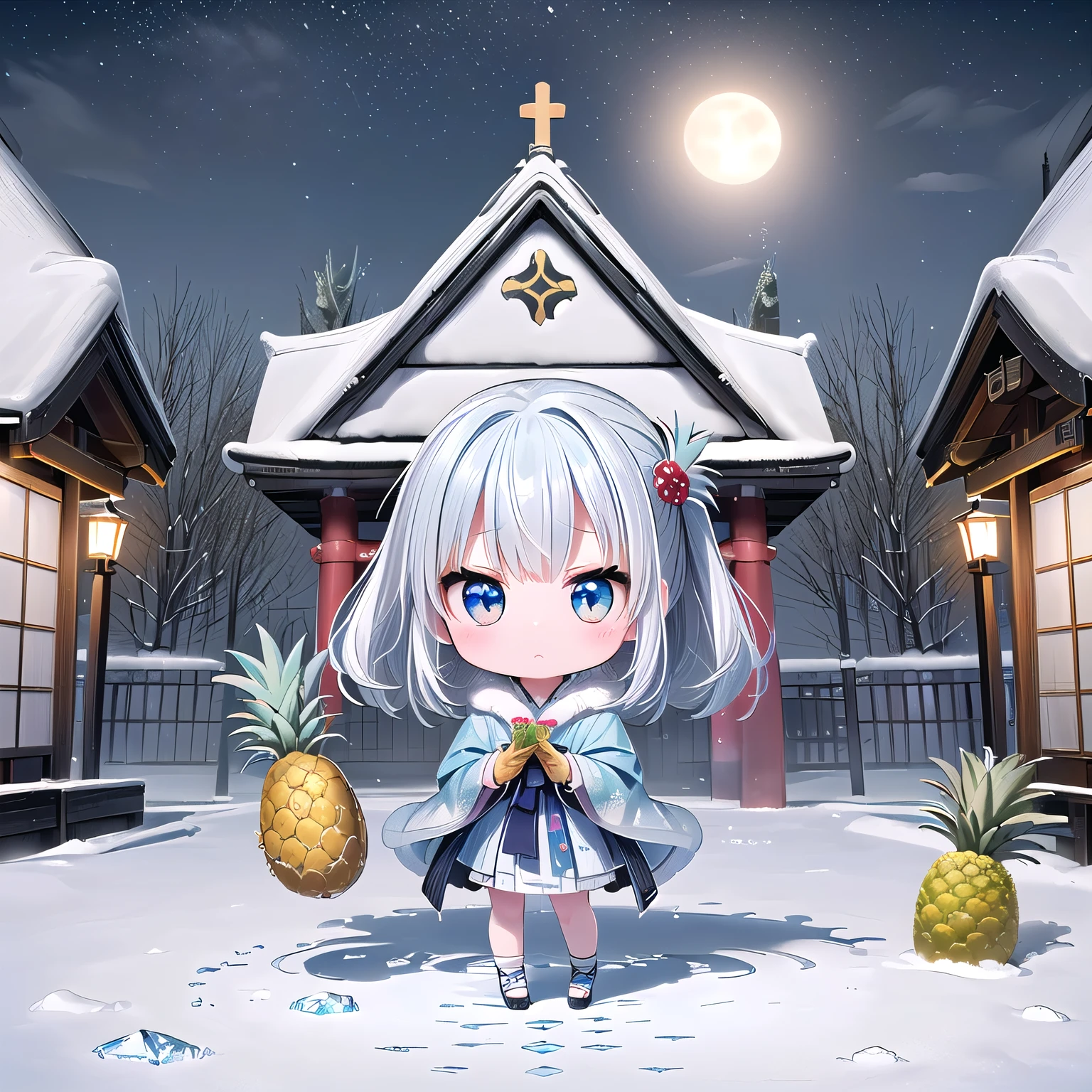 (chibi, pineapple, 3dcg, 1 girl: 1.5), (red cheeks, indifference, Expressionless, hair blowing in the wind, almond shaped eyes, shiny white-blue hair,chignon hair, Carefully drawn fingertips: 1.2), (masterpiece, highest quality, Beautiful anatomy: 1.3), (chibi Body,  hood coat with fur,crystal ,ice craft accessories,full body, fairy queen with beautiful wings,upward gaze: 1.3), (A frozen winter wonderland of sparkling mansions, on-site parks, and icicles,Participate in the quest, Frozen  pineapple,move freely through the air,guidance of light,high ceiling church,: 1.4),(an old castle at night,Exorcism,an offering,sengoku,Kunoichi,shrine maiden, moonlight:1.5)