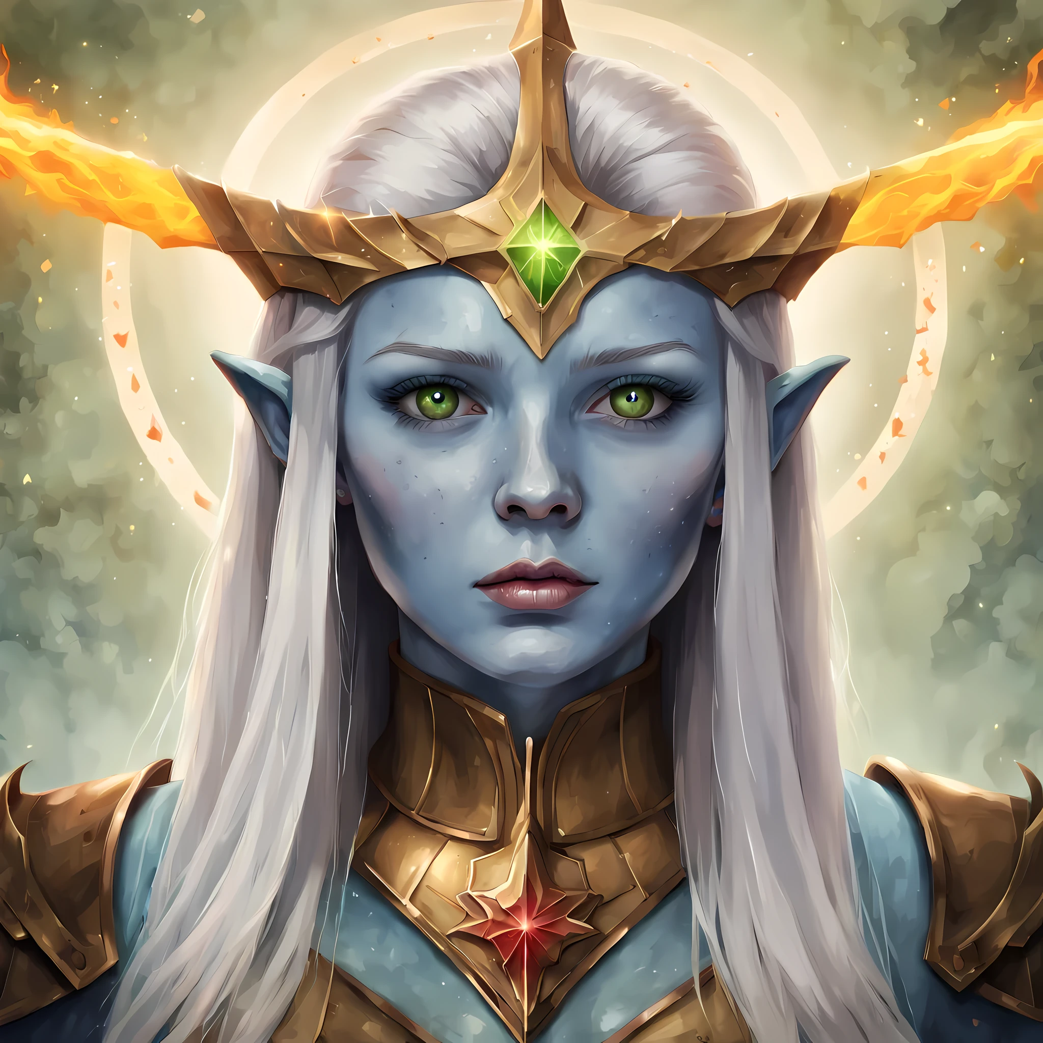 fantasy art, dnd art, RPG art, wide shot, (masterpiece: 1.4) a (portrait: 1.3) intense details, highly detailed, photorealistic, best quality, highres, portrait a female (fantasy art, Masterpiece, best quality: 1.3) ((blue skin: 1.5)), intense details facial details, exquisite beauty, (fantasy art, Masterpiece, best quality) cleric, (blue: 1.3) skinned female, (white hair: 1.3), long hair, intense (green: 1.3) eye, fantasy art, Masterpiece, best quality) armed a fiery sword red fire, wearing heavy (white: 1.3) half plate mail armor, wearing high heeled laced boots, wearing an(orange :1.3) cloak, wearing glowing holy symbol GlowingRunes_yellow, within fantasy temple background, reflection light, high details, best quality, 16k, [ultra detailed], masterpiece, best quality, (extremely detailed), close up, ultra wide shot, photorealistic, RAW, fantasy art, dnd art, fantasy art, realistic art,((best quality)), ((masterpiece)), (detailed), perfect face, ((no ears: 1.6))