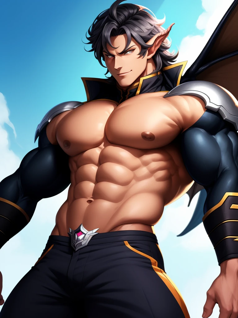 32k, (masterpiece), ultra quality, ultra highres, (anime illustration), (mature male draph:1.3), (cowboy shot), muscular devil (man), beautiful perfect face, masculine jawline, flat pecs, [[big arms]], hunk, confident posture, (black spiky hair), (glaring silver eyes:1.2), (elegant), erotic, oozing sexual energy, homoerotic, sharp focus, soft lighting, vibrant colors, (detailed face), ((detailed eyes)), perfect face, symmetric eyes, evil smile, Reinhardtzar, Malos, standing, sexual arousal, (noble), dynamic pose, stand tall.