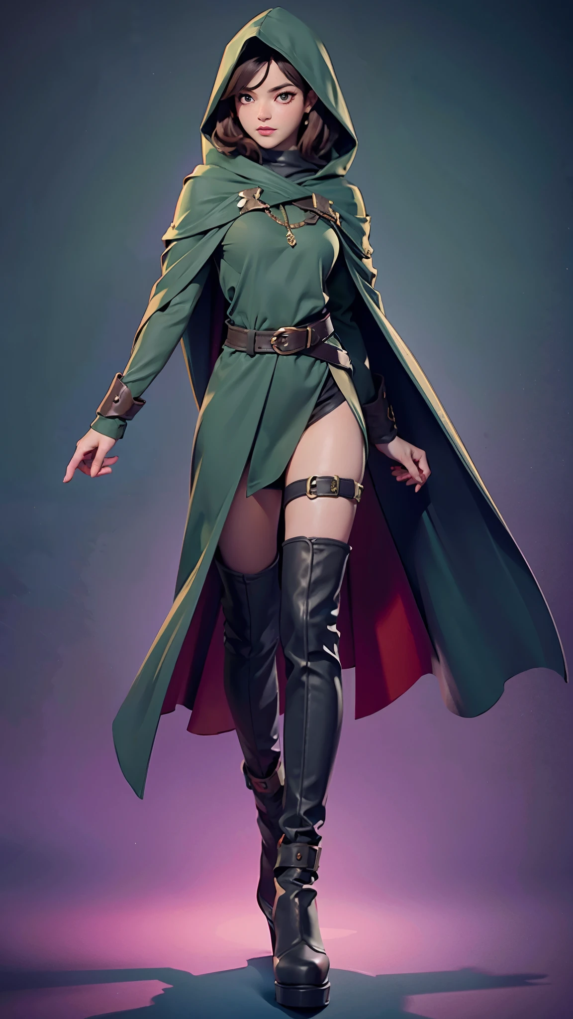 one girl, solo, full body, medieval, dark green cloak, dark green hood, dark brown high boots, shiny blured grey background, gradient sprayed background, front view, gradient red purple background, blured background, glowing edges of image, masterpiece, highly detailed, look at viewer, belts, shoulder-belts