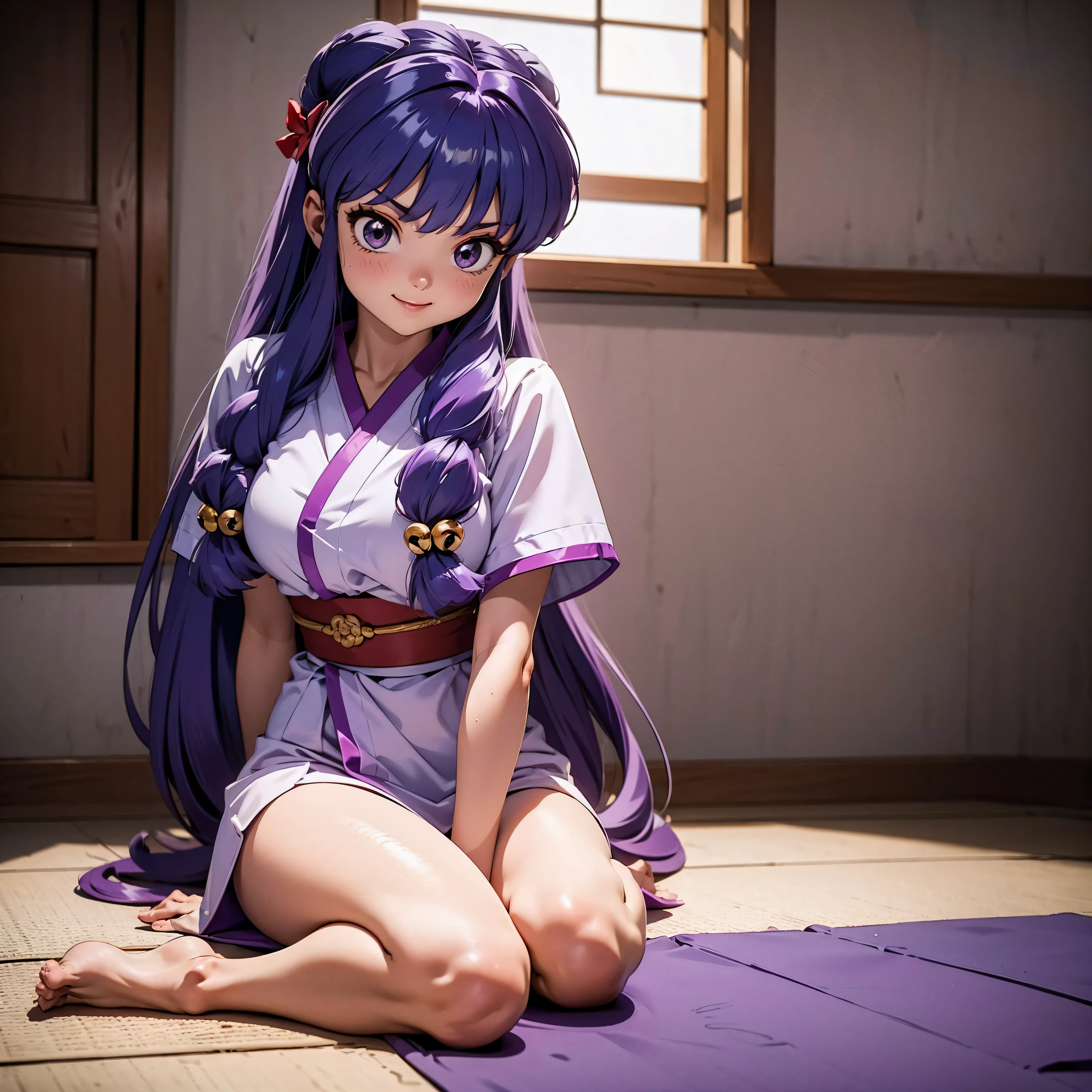 Anime girl smiling long purple hair, wearing a kimono purple bloom, carrying a red-haired girl with braids in her arms, carrying a fainted redhead in his arms, 16 yrs old, Body cute, breasts big, purple purple hair, long purple hair, sexy girl, purple hair long, gorgeous lighting, softshadows, blue colored eyes, pretty legs, hair with braid, anime styling, Personagrm Shampoo, Autora Rumiko Takahashi, Based on a work by Rumiko Takahashi, Anime Ranma 1/ 2, decote sexy, robust hip, fully body, complete body, Bust Big, young girl with beautiful and beautiful body, sandals on the feet, young short girl, wearing beautiful and sexy purple tight kimono, anime girl, anime styling, beautiful feet in sandals, sitting on the floor, viewing angle 45°