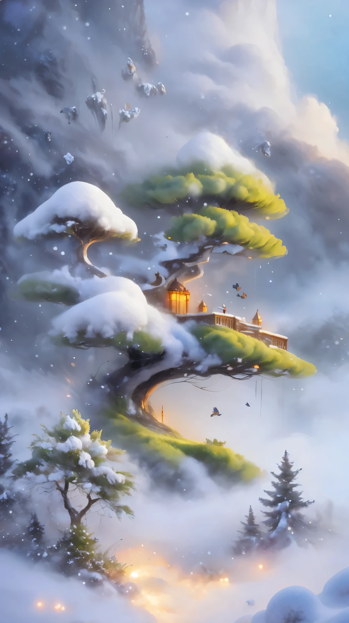 Princess的脸出现在空中，Winter scenery，Surreal wonderland，Dreamy cloud and fairy island，(big snowflake:1.3)，五颜六色的big snowflake飞舞着，Princess&#39;The palace is covered with snow，The tree of life blooms with endless vitality，Twinkling stars in the night sky，Overlapping clouds and fog，Whimsical fantasy landscape art, Beautiful Art Ultra HD 8K, 8k highly detailed digital art, Beautiful and detailed fantasy, Epic fantasy landscape, Mysterious and dreamy scenery, Magic fantasy is very detailed, magical scenery, 由big snowflake和梦幻漂浮的仙女岛组成, Detailed fantasy digital art, 8k detailed digital art