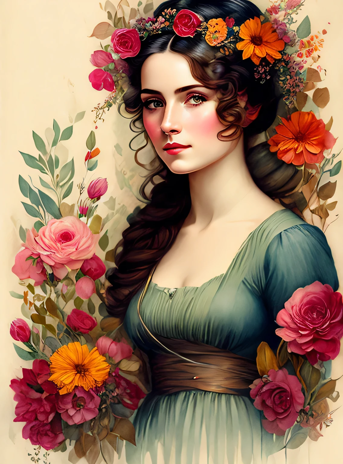 Litografía realista con retrato de Charlie Bowater, mujer, flores, [Engranaje], tubos, dieselpunk, cintas multicolores, textura de papel viejo, muy detallado