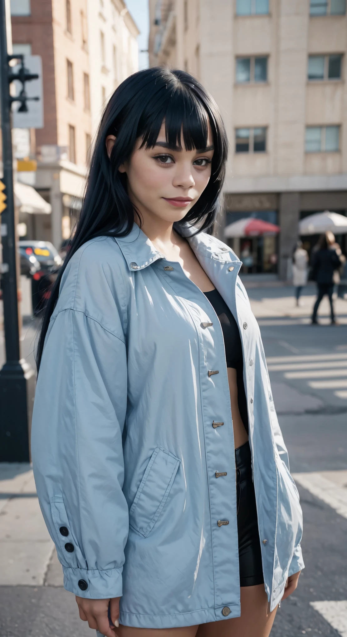 A woman standing on a city street wearing a blue jacket - SeaArt AI