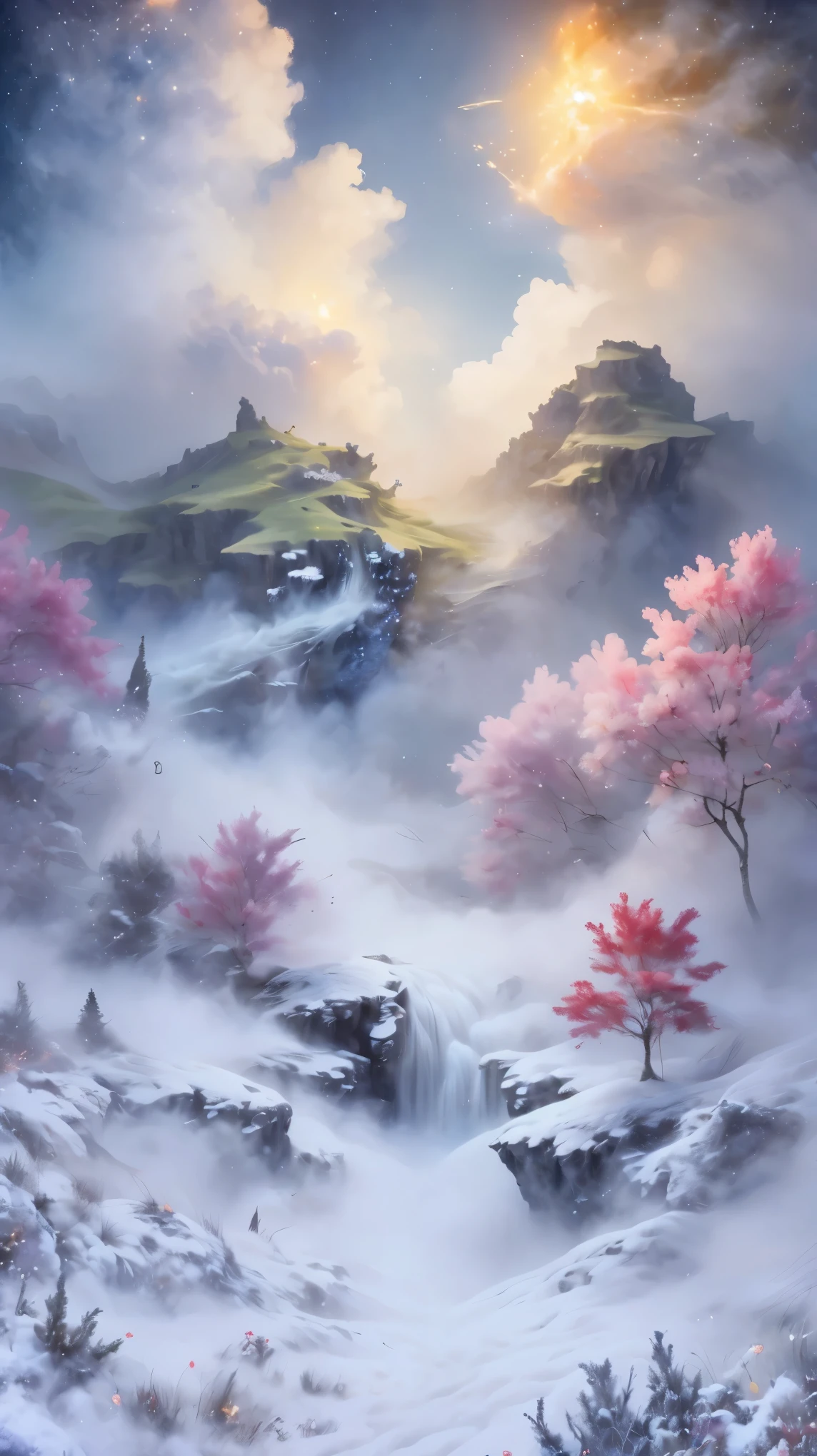 Princess的脸出现在空中，Winter scenery，Surreal wonderland，Dreamy cloud and fairy island，(big snowflake:1.3)，五颜六色的big snowflake飞舞着，Princess&#39;The palace is covered with snow，The tree of life blooms with endless vitality，Twinkling stars in the night sky，Overlapping clouds and fog，Whimsical fantasy landscape art, Beautiful Art Ultra HD 8K, 8k highly detailed digital art, Beautiful and detailed fantasy, Epic fantasy landscape, Mysterious and dreamy scenery, Magic fantasy is very detailed, magical scenery, 由big snowflake和梦幻漂浮的仙女岛组成, Detailed fantasy digital art, 8k detailed digital art