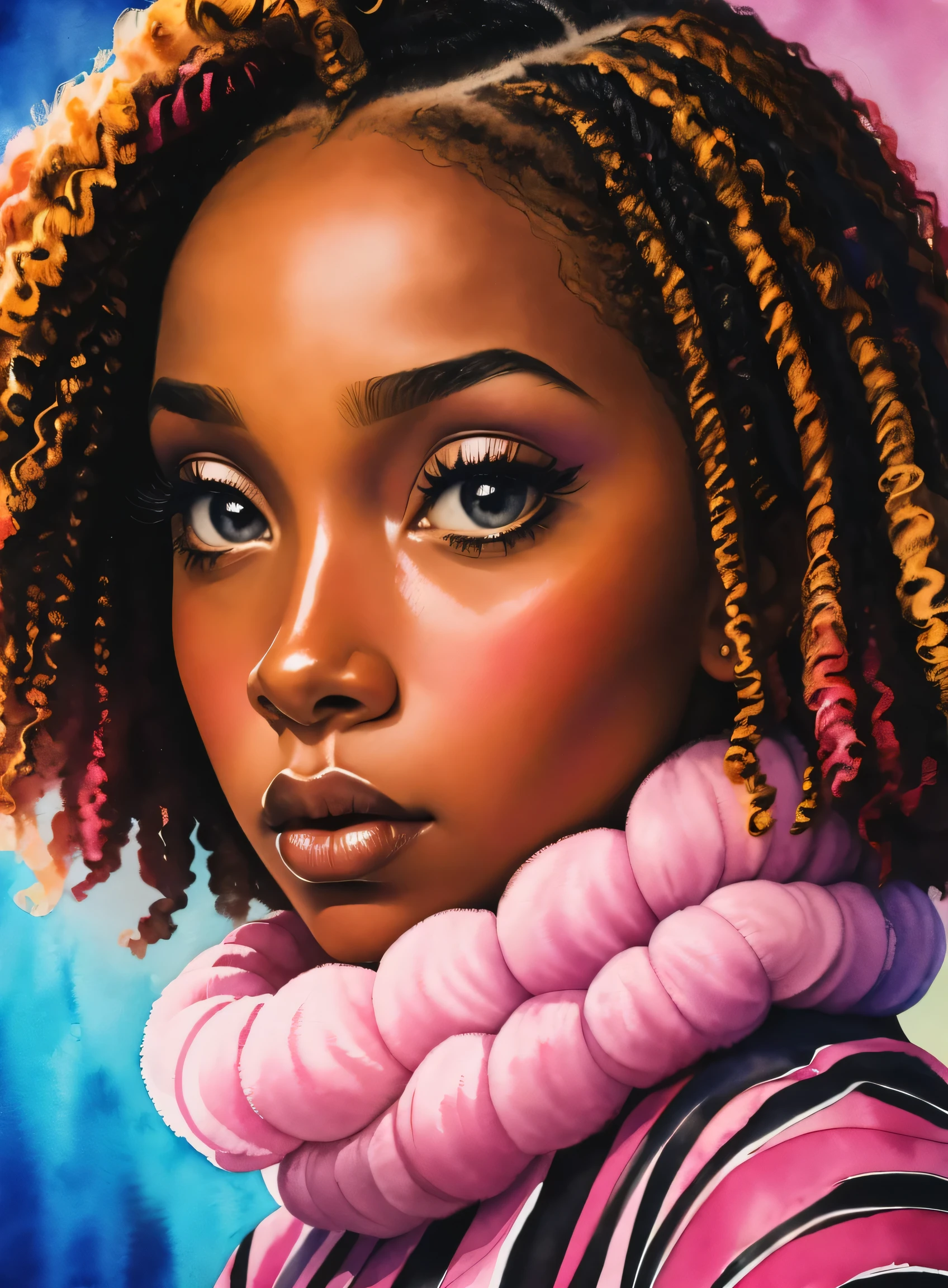 pintura de uma mulher com cabelos cacheados no cabelo, inspirado em Chinwe Chukwuogo-Roy,  preta bonita, garota afro-americana, adolescente negra, Medium Close-up, retrato em aquarela, Trends in Art, carrancudo, apathetic, bright curly braids, altamente detalhado, 8k, Ultra HD