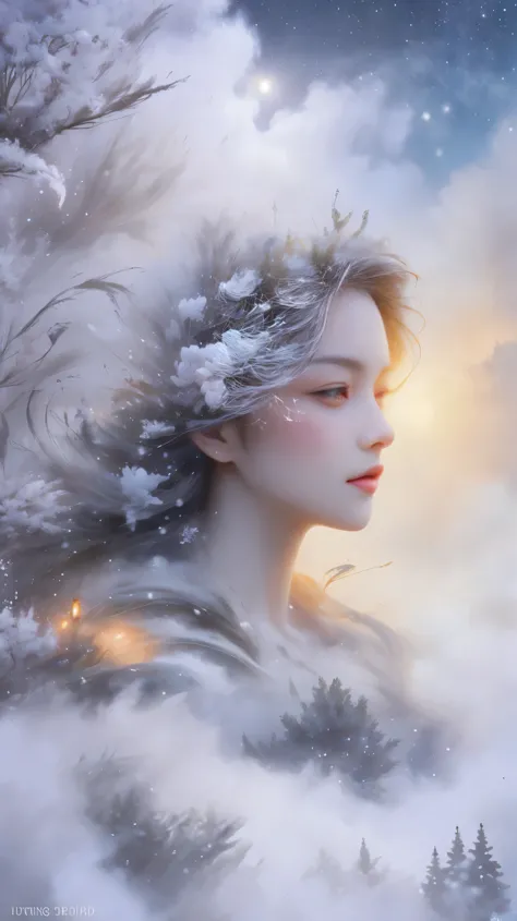 Princess的脸出现在空中，Winter scenery，Surreal wonderland，Dreamy cloud and fairy island，(big snowflake:1.3)，五颜六色的big snowflake飞舞着，Prince...