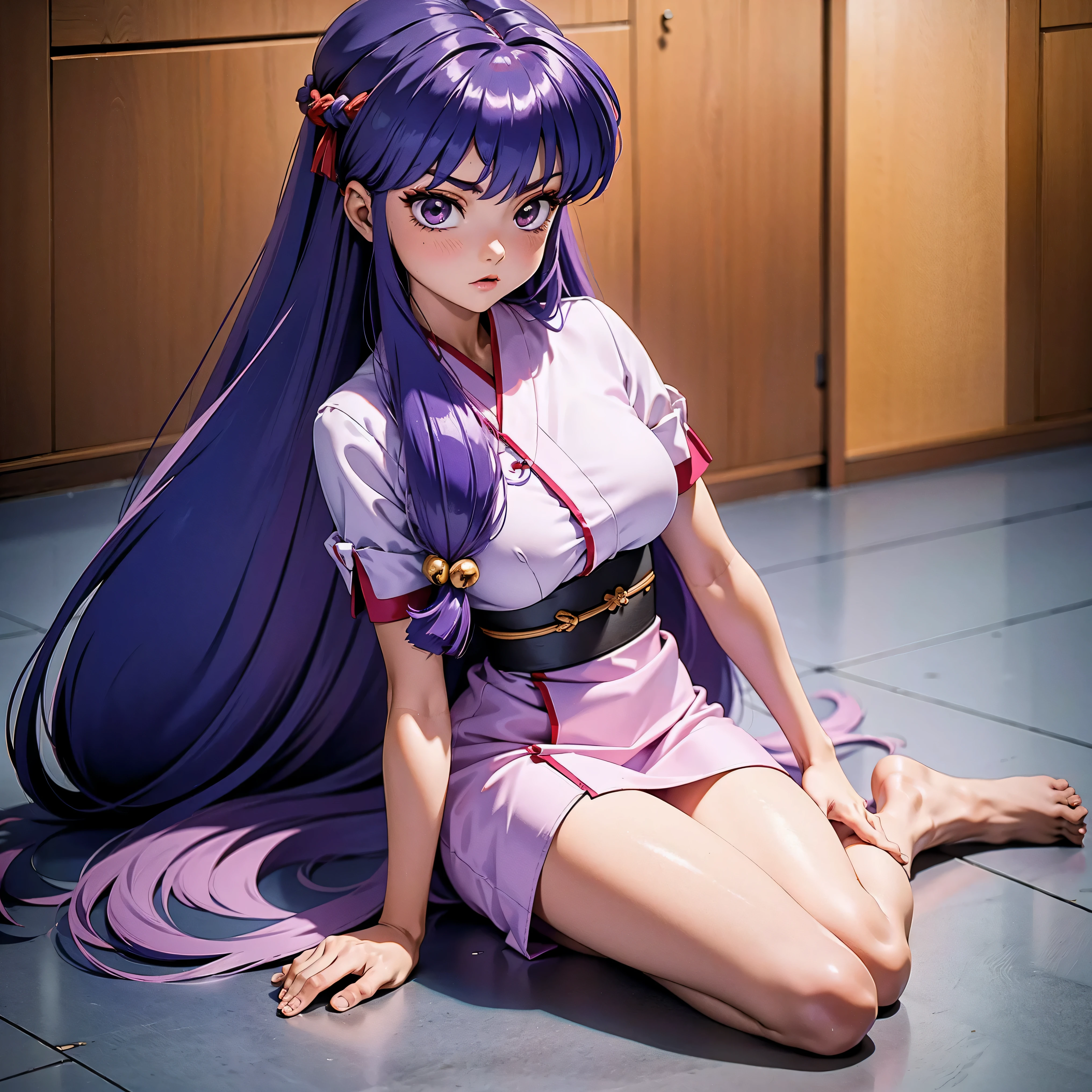 Chica anime con cabello largo morado que lleva a una pelirroja en sus brazos., vistiendo un kimono de flores moradas, Llevando a una chica pelirroja con trenzas en sus brazos., llevando en sus brazos a una pelirroja desmayada, 16 años, cuerpo bonito, senos grandes, pelo morado morado, Cabello largo y morado, chica sexy, Cabello largo y morado, Magnífica iluminación, sombras suaves, ojos azules, bonitas piernas, pelo con trenza, estilo anime, Champú Personagrm, Autora Rumiko Takahashi, Basado en una obra de Rumiko Takahashi, Anime Ranma 1/ 2, decoración sexy, cadera robusta, cuerpo entero, cuerpo entero, busto grande, chica joven con cuerpo hermoso y hermoso, sandalias en los pies, chica joven baja, vistiendo un hermoso y sexy kimono ajustado de color púrpura, chica anime, estilo anime, hermosos pies en sandalias, sentado en el suelo, Ángulo de visión de 45°, sosteniendo a una chica pelirroja en brazos