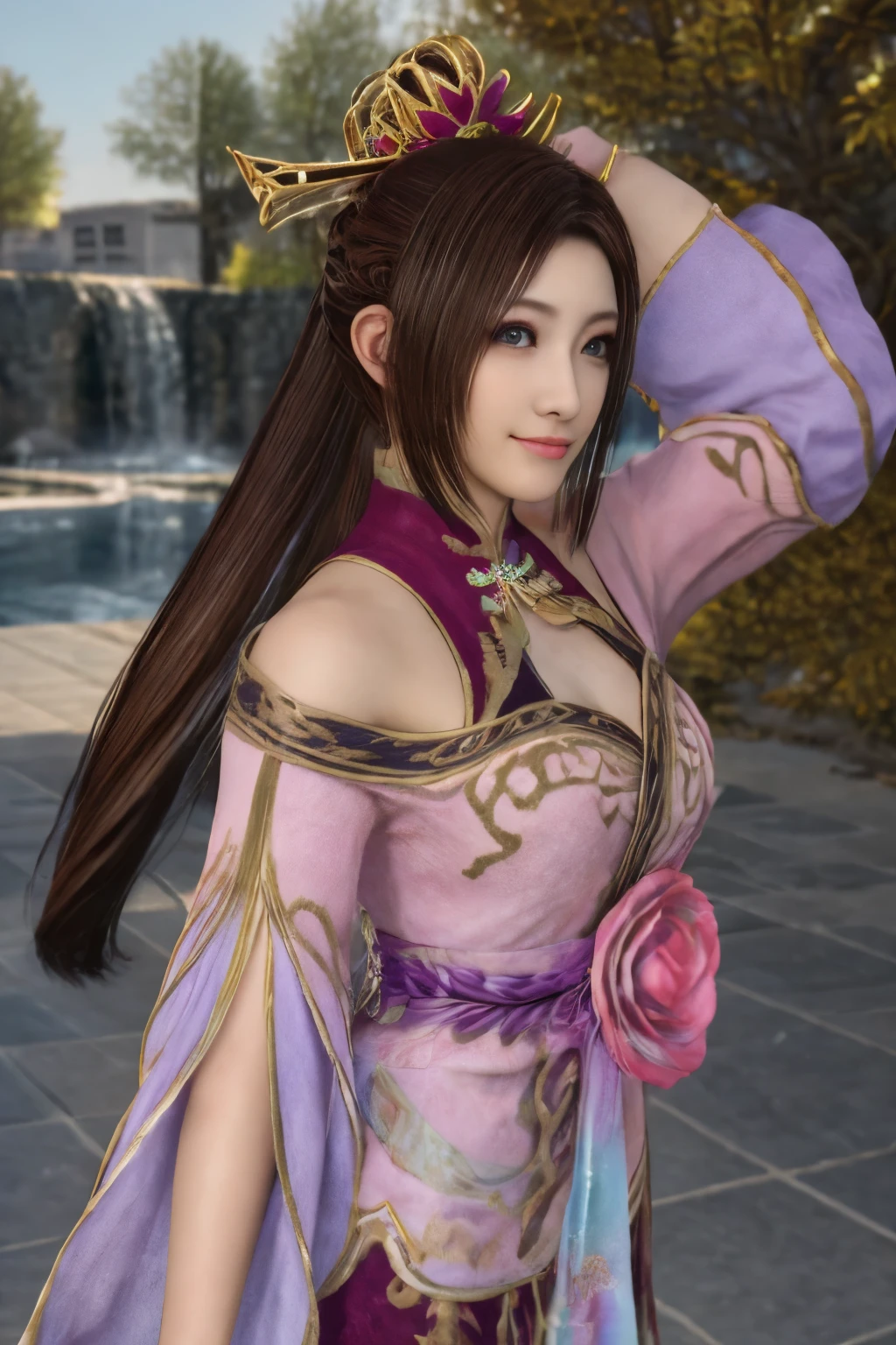 Diaochan de Sangoku Musou 8,obra de arte、1 linda garota、1 estudante do ensino médio、sorriso,Olhos finos、Olhos inchados、Exterior claro,Centro brilhante、mais alta qualidade, 超Alta resolução, (realidade: 1.4), iluminação de filme、japonês、beleza asiática、coreano、Super lindo、pele bonita、corpo voltado para frente、todo o corpo,tronco、(超realidade的な)、(Alta resolução)、(8K)、(Muito detalhado)、(美しくOlhos finos)、(super detalhado)、 (parede-)、rosto detalhado、iluminação brilhante、Iluminação Profissional、olhando para o espectador、Olhe para frente、franja inclinada、cabelo castanho、Ídolo Nogizaka、