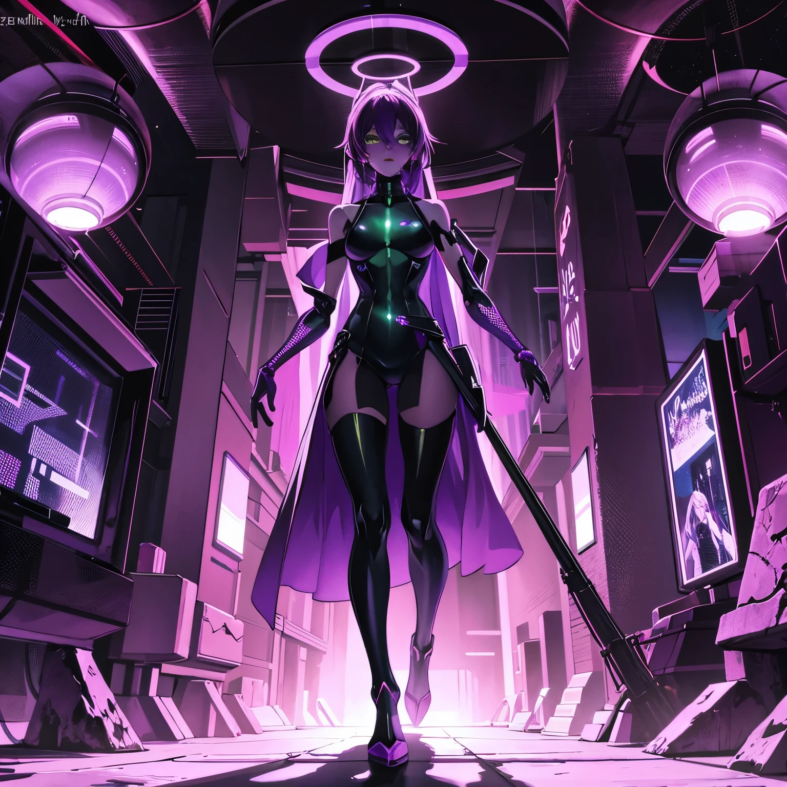 (an alien),extraterrestrial,four-armed,purple skin,futuristic clothing,sharp focus,dark background,atmospheric lighting,sci-fi,purple color palette,rich shadows,ambient lighting, full body