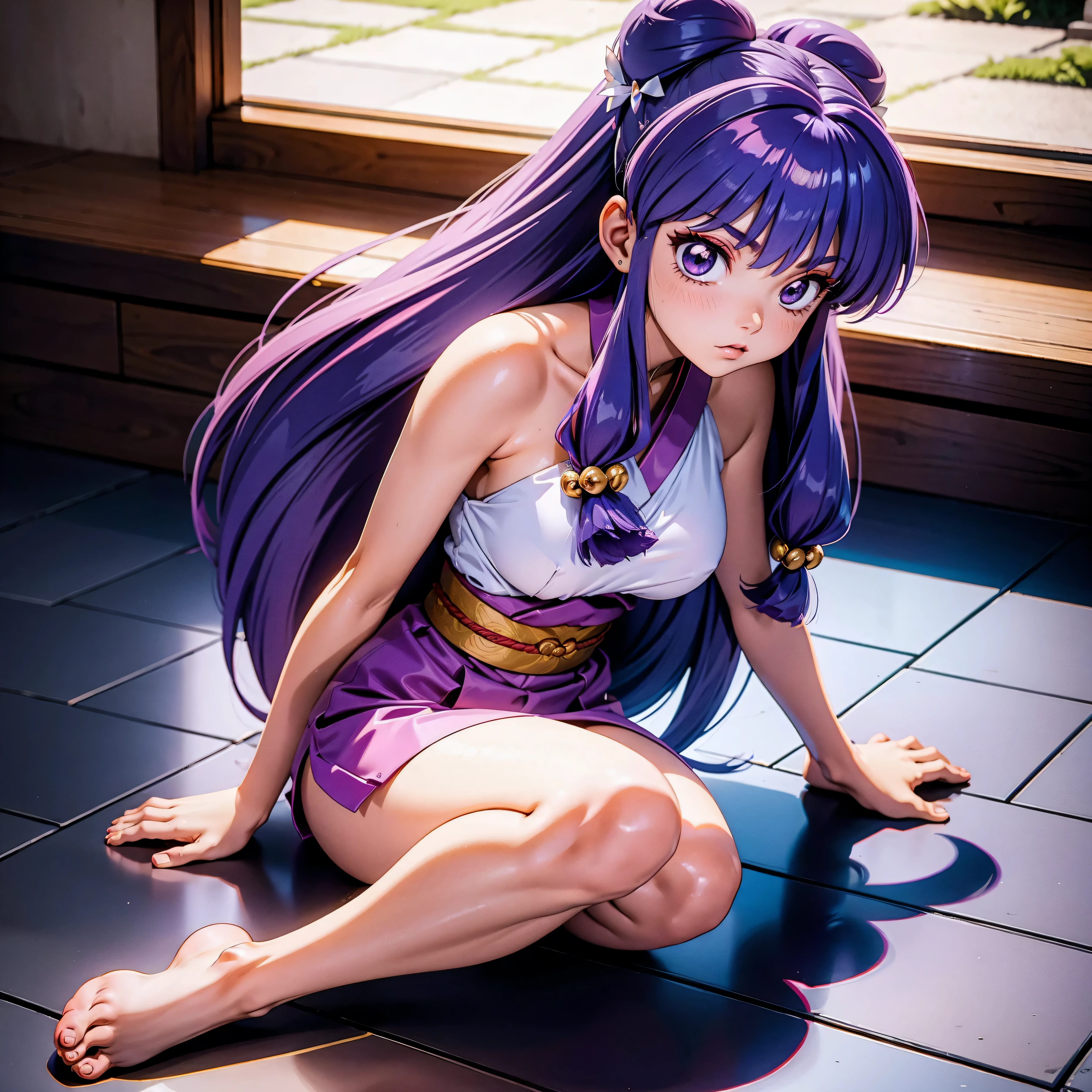 Chica anime pelo largo morado, lleva una niña pelirroja en brazos, vistiendo un kimono de flores moradas, Llevando a una chica pelirroja con trenzas en sus brazos., llevando en sus brazos a una pelirroja desmayada, 16 años, cuerpo bonito, senos grandes, pelo morado morado, Cabello largo y morado, chica sexy, Cabello largo y morado, Magnífica iluminación, sombras suaves, ojos azules, bonitas piernas, pelo con trenza, estilo anime, Champú Personagrm, Autora Rumiko Takahashi, Basado en una obra de Rumiko Takahashi, Anime Ranma 1/ 2, decoración sexy, cadera robusta, cuerpo entero, cuerpo entero, busto grande, chica joven con cuerpo hermoso y hermoso, sandalias en los pies, chica joven baja, vistiendo un hermoso y sexy kimono ajustado de color púrpura, chica anime, estilo anime, hermosos pies en sandalias, sentado en el suelo, Ángulo de visión de 45°, sosteniendo a una chica pelirroja en brazos