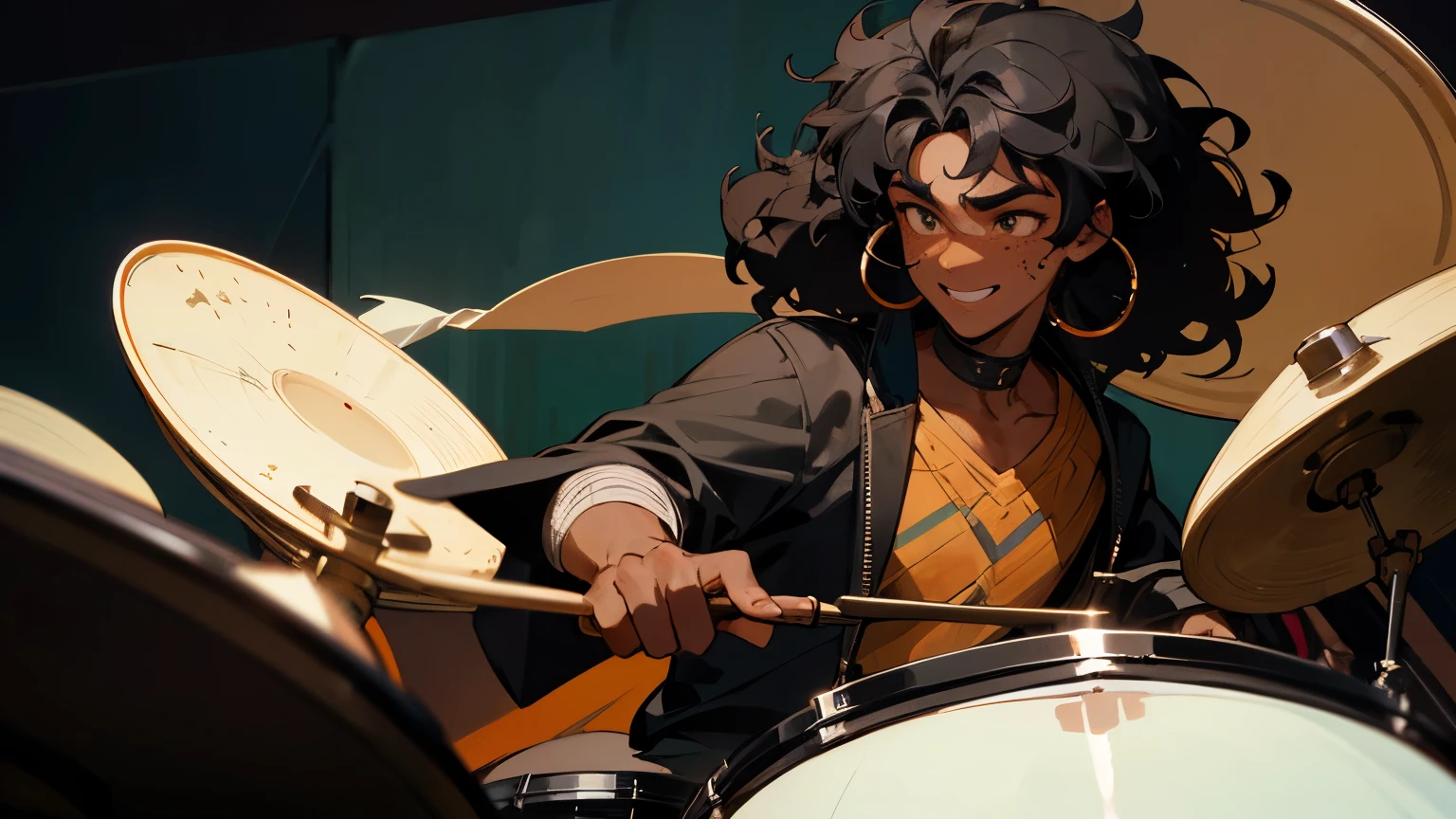 Anime character playing drums with a drum kit in front of a green  background - SeaArt AI