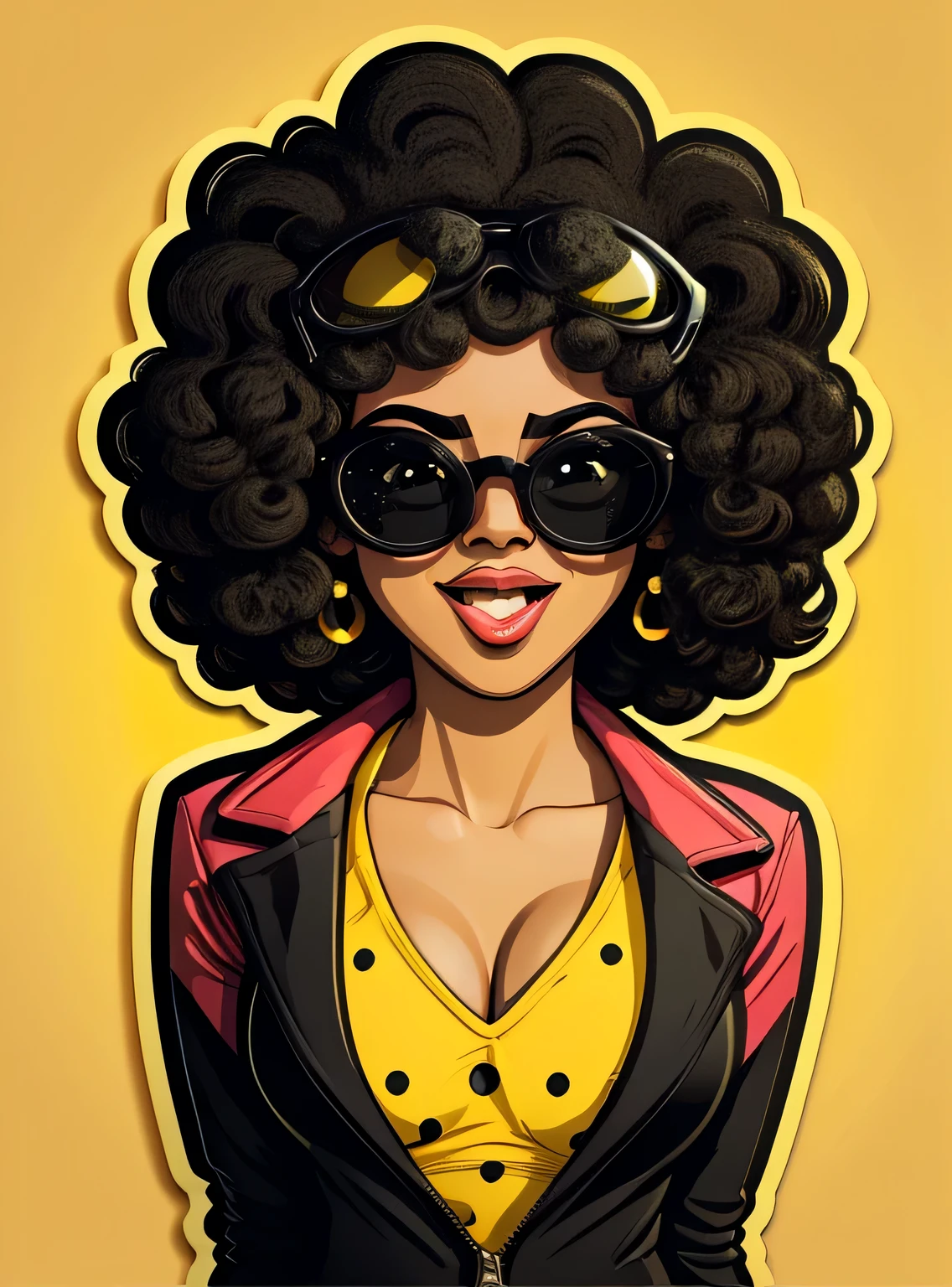 Adesivo Wow pop art face. woman with black afro curly hair and open mouth and sunglasses , Vector background in pop art retro comic dots style