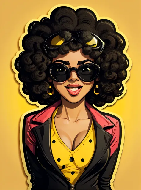 Adesivo Wow pop art face. woman with black afro curly hair and open mouth and sunglasses , Vector background in pop art retro co...