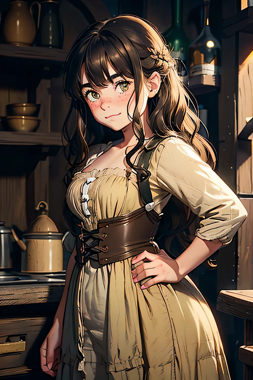 1girl, hobbit, short stature, ((long tousled hair)), ((brown hair)), dark green eyes, ((bangs)), small ears, freckles, thick eyebrows, beige sleeves, tired eyes, blushing, mischievous, medium breast, ((long beige dress)), (black corset), ((smug)), evil, tavern background, hands on hips