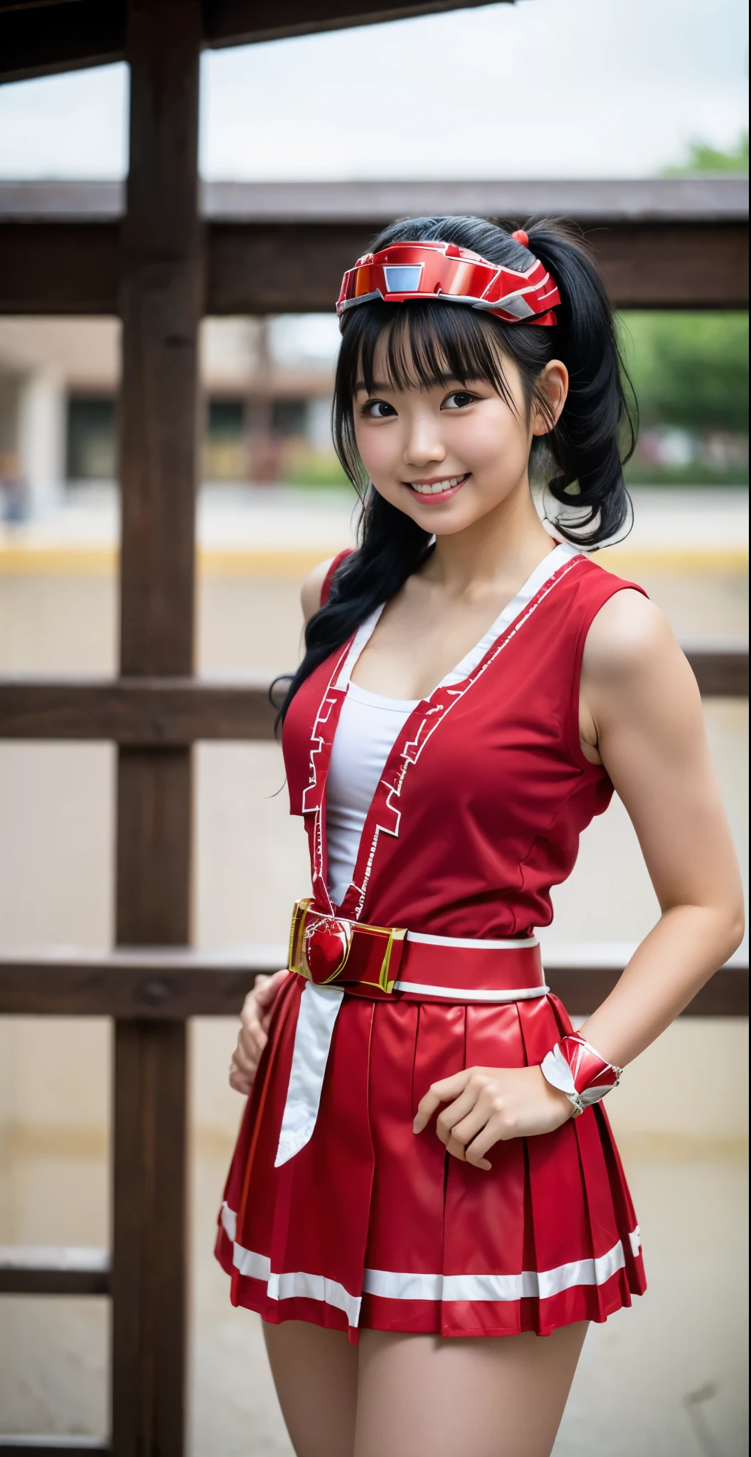 （8K、Raw photography、highest quality、masterpiece：1.2),(black haired:1.9),(twin tails、curly hair:1.3)、show viewer,Looking at the front,erotic,white skin,(She is wearing the costume of the beautiful warrior Red Ranger.:1.8)、(Clothing that emphasizes the shape of your chest:1.5)、(big breasts:1.3)、slim body shape、ultra high resolution,beautiful,beautiful fece,(alone, alone、no background:1.9),whole bodyボディー,japanese woman,（Photoreal：1.37）、photon mapping,reality、(Cute with a baby face: 1.5)、(cute smile: 1.7)、(With a round face: 1.8)、radio city、Physically based rendering、depth of field rally background、photograph, (I can see your knees,close up of thighs、too short skirt:1.5),whole body、super fine