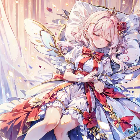 white background,((rose field)),(((Sleeping happily on his side))),shot from above,Put both hands together,Close ~ eyes,((long red dress that covers the legs)),((Sparkling red fluffy layered ball gown)),A large and beautiful dress inspired by rose flowers,...