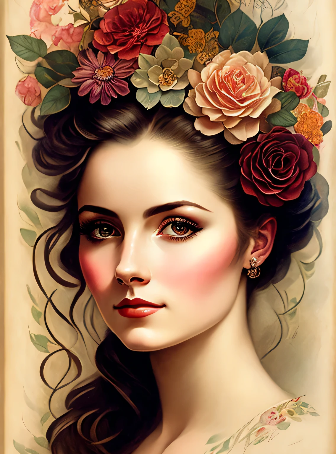 Charlie Bowater litografía realista boceto retrato de una mujer, flores, [engranajes], tubos, dieselpunk, cintas multicolores, textura de papel viejo, muy detallado