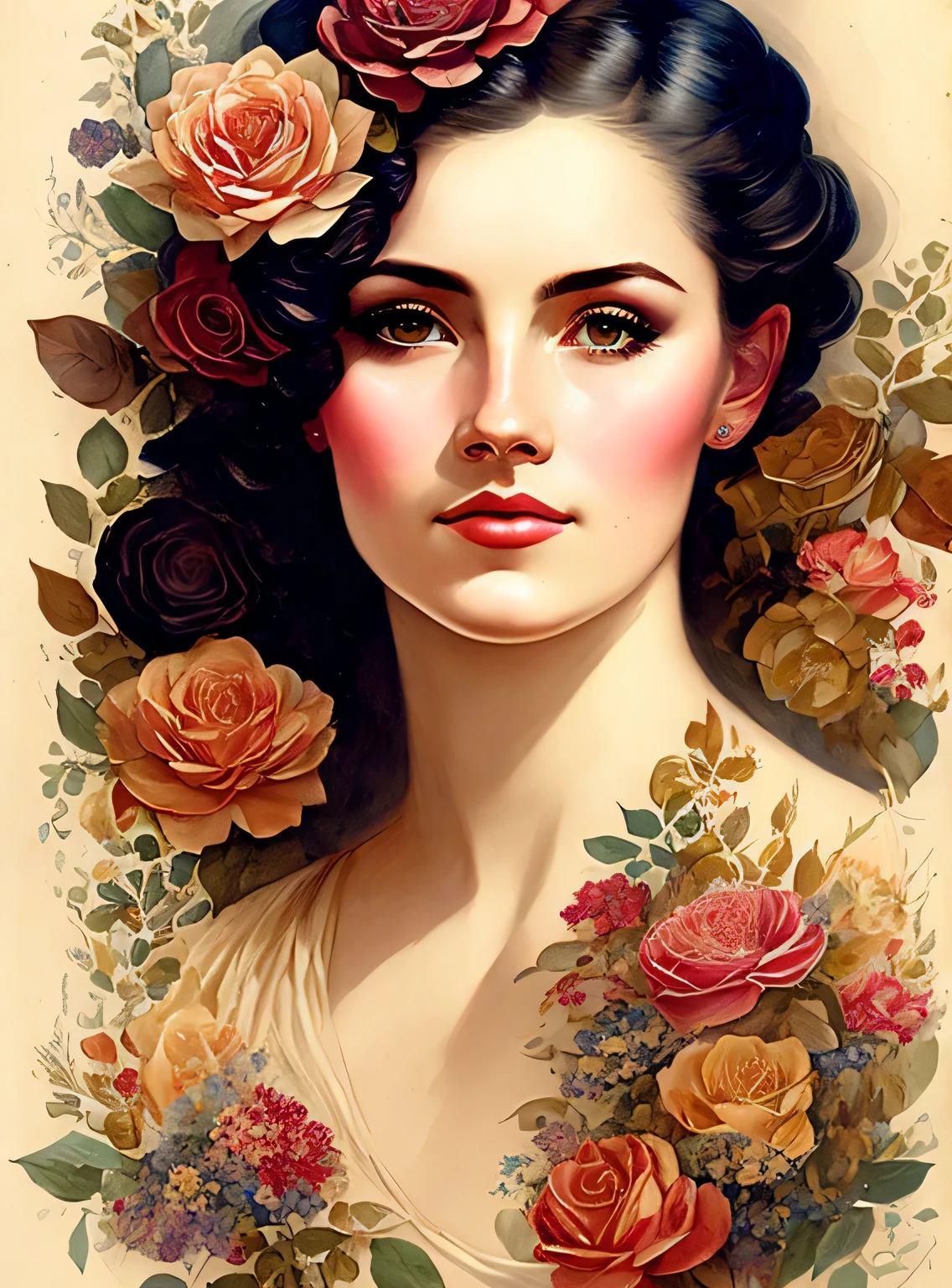 Charlie Bowater litografía realista boceto retrato de una mujer, flores, [engranajes], tubos, dieselpunk, cintas multicolores, textura de papel viejo, muy detallado