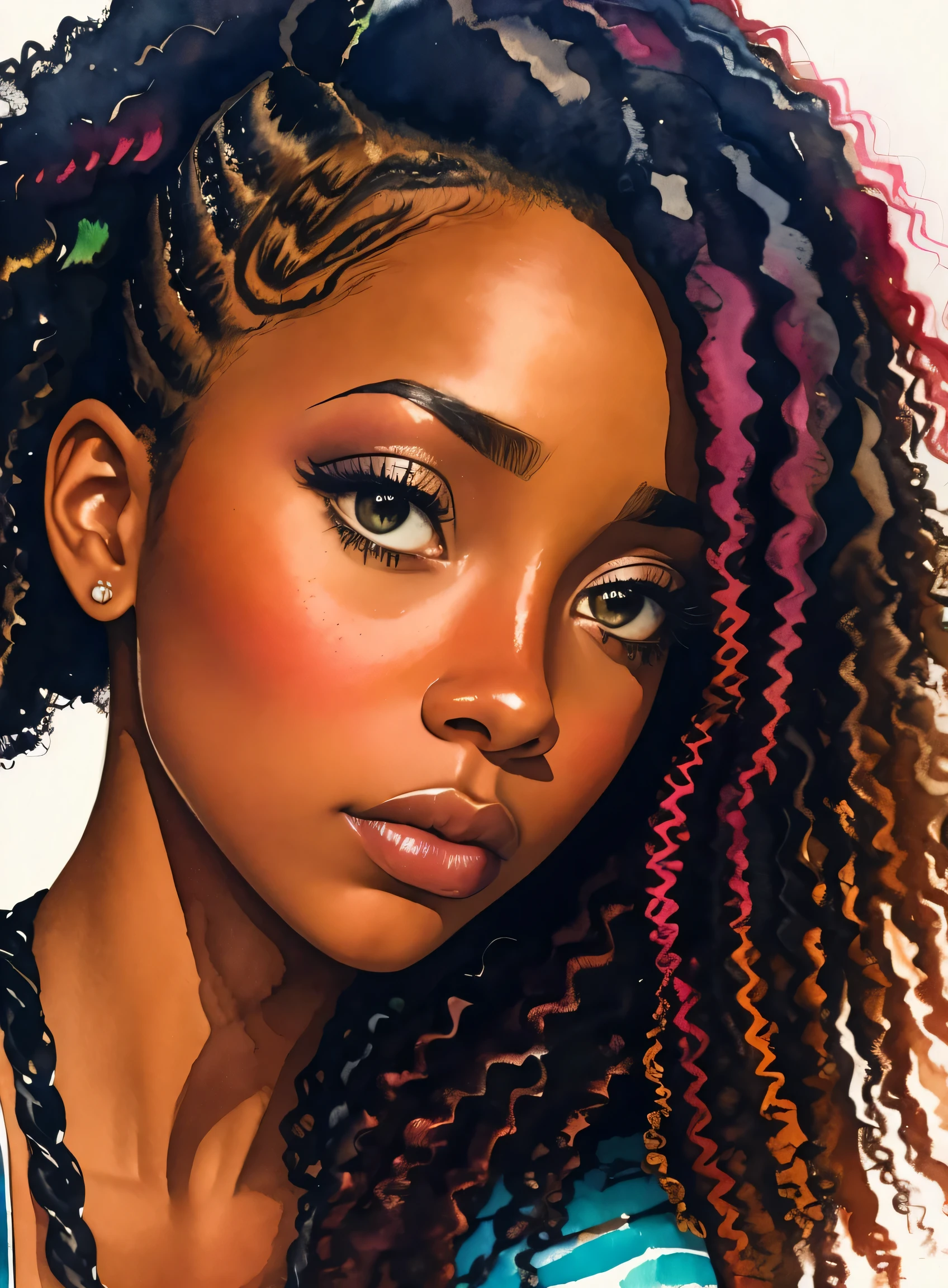 картина женщины с вьющимися волосами, вдохновленный Чинве Чуквуого-Роем,  красивый черный, Афро-американская девушка, черный подросток, средний крупный план, акварельный портрет, тенденции в искусстве, угрюмый, апатичный, яркие вьющиеся косы, очень подробный, 8К, ультра HD